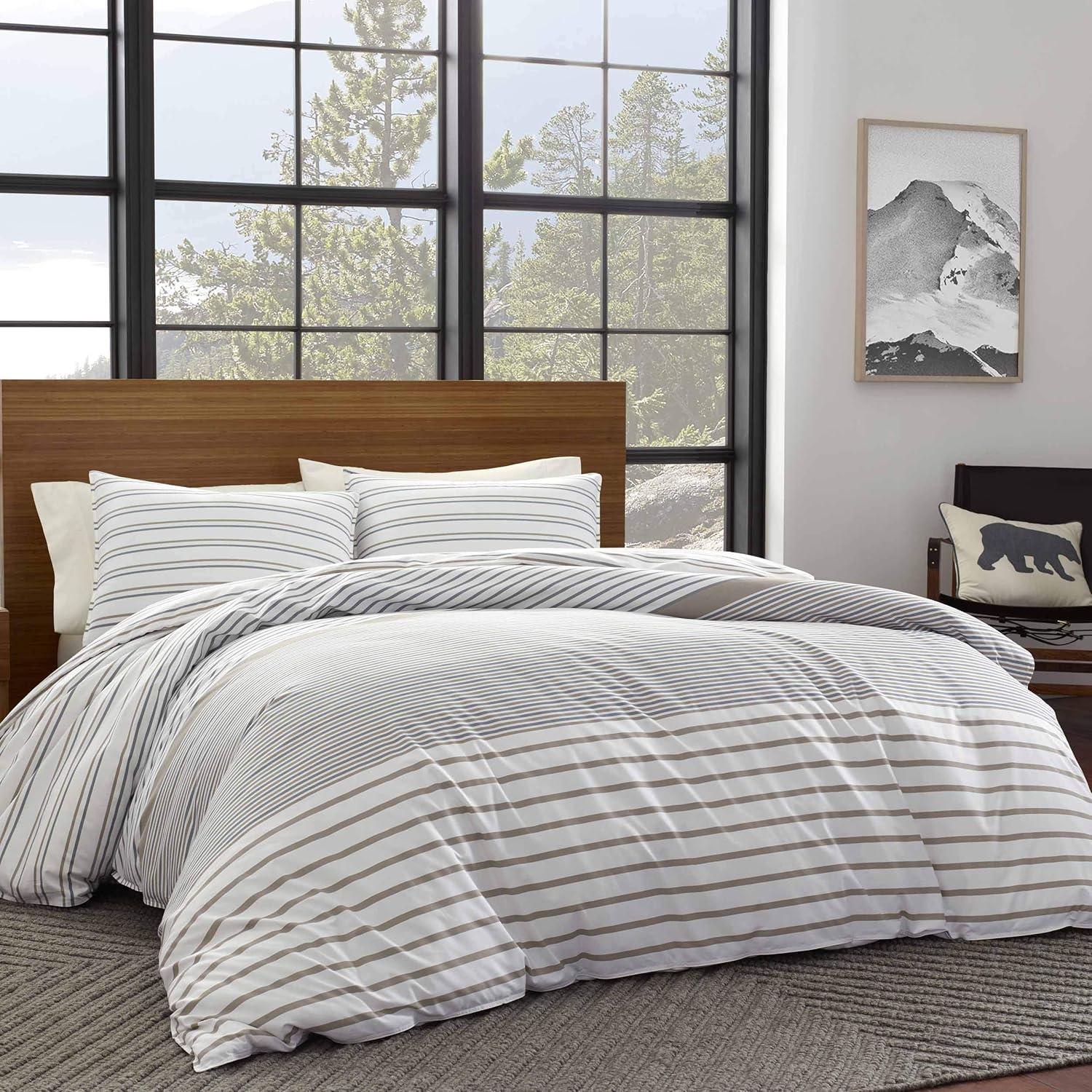 Full/Queen Sandstone and Ivory Cotton Stripe Duvet Cover Set