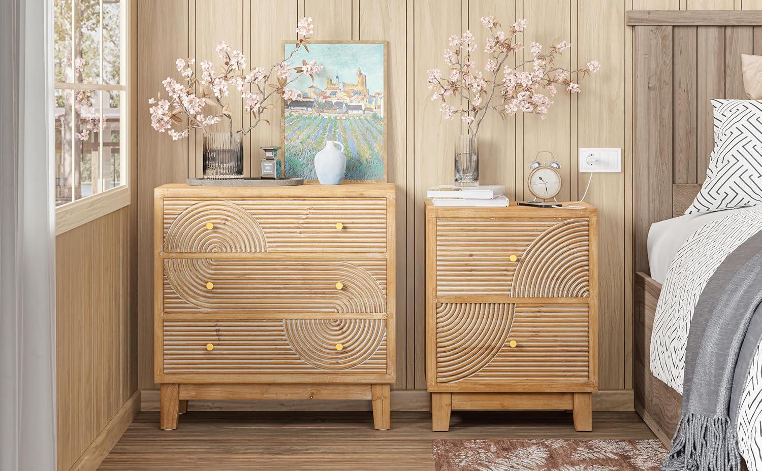 COZAYH 3-Drawer Farmhouse Dresser with Handicraft Wood Ring Motif, Fully Assembled Nightstand Wooden Finish for Boho, Mid-century, Rustic Style, Natural Wood