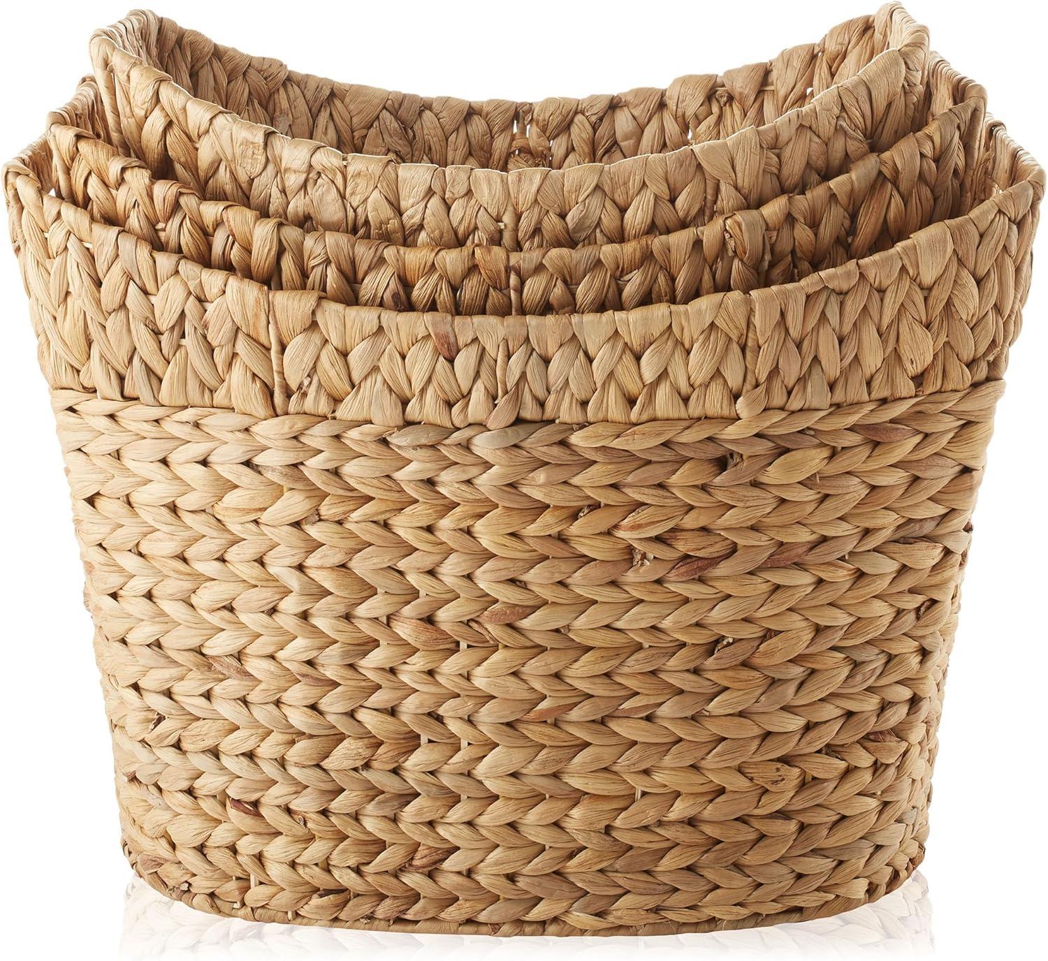 Casafield Set of 3 Water Hyacinth Oval Baskets with Handles - Natural, Woven Storage Totes for Blankets, Laundry, Bathroom, Bedroom, Living Room