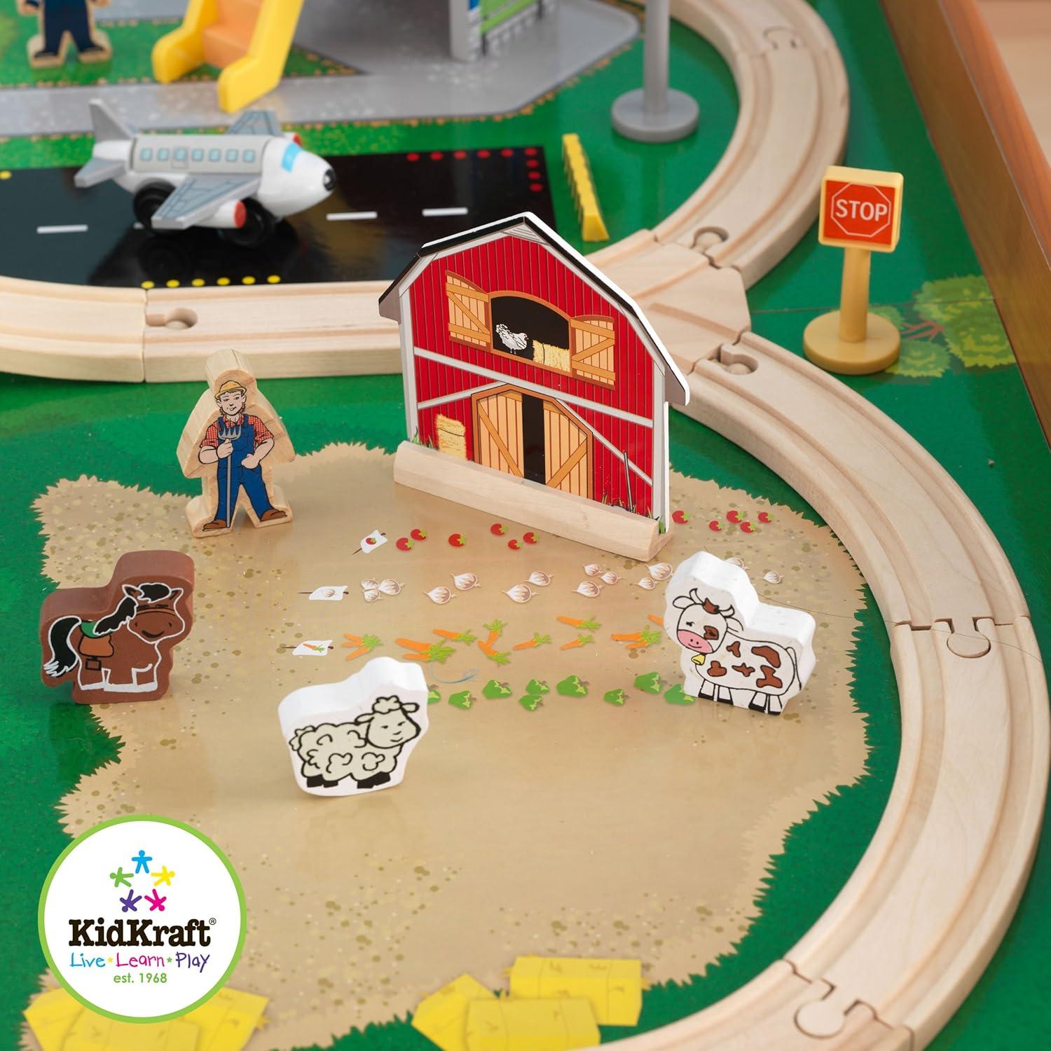 KidKraft Ride Around Town Wooden Train Set And Table With Storage Bins And 100 Pieces, Honey