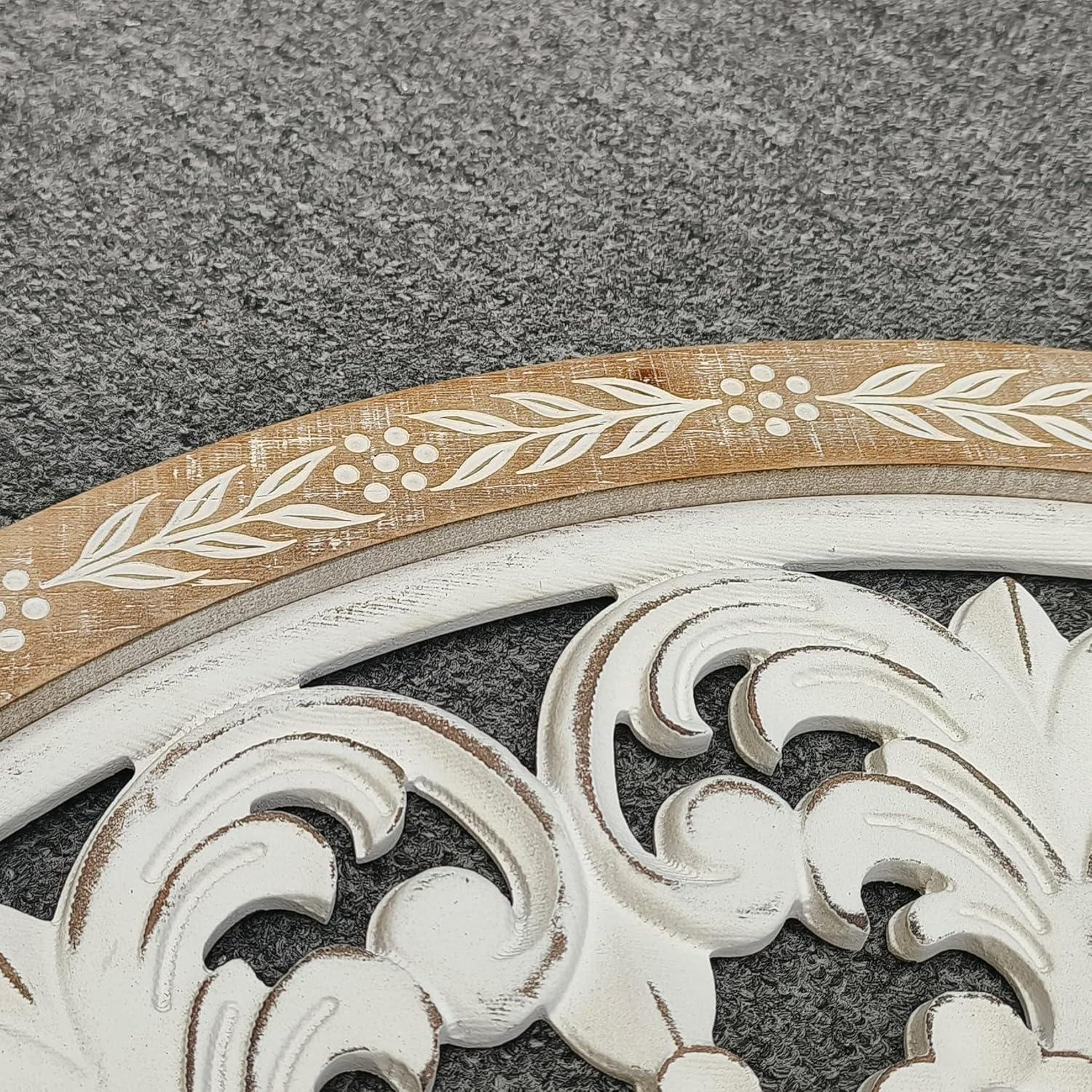Parisloft 25 Inch Round Carved Wood Wall Decor, Natural Wood and Distressed White Finish,MDF with veneer, Farmhouse Wood Wall Decor for Living Room, Bedroom