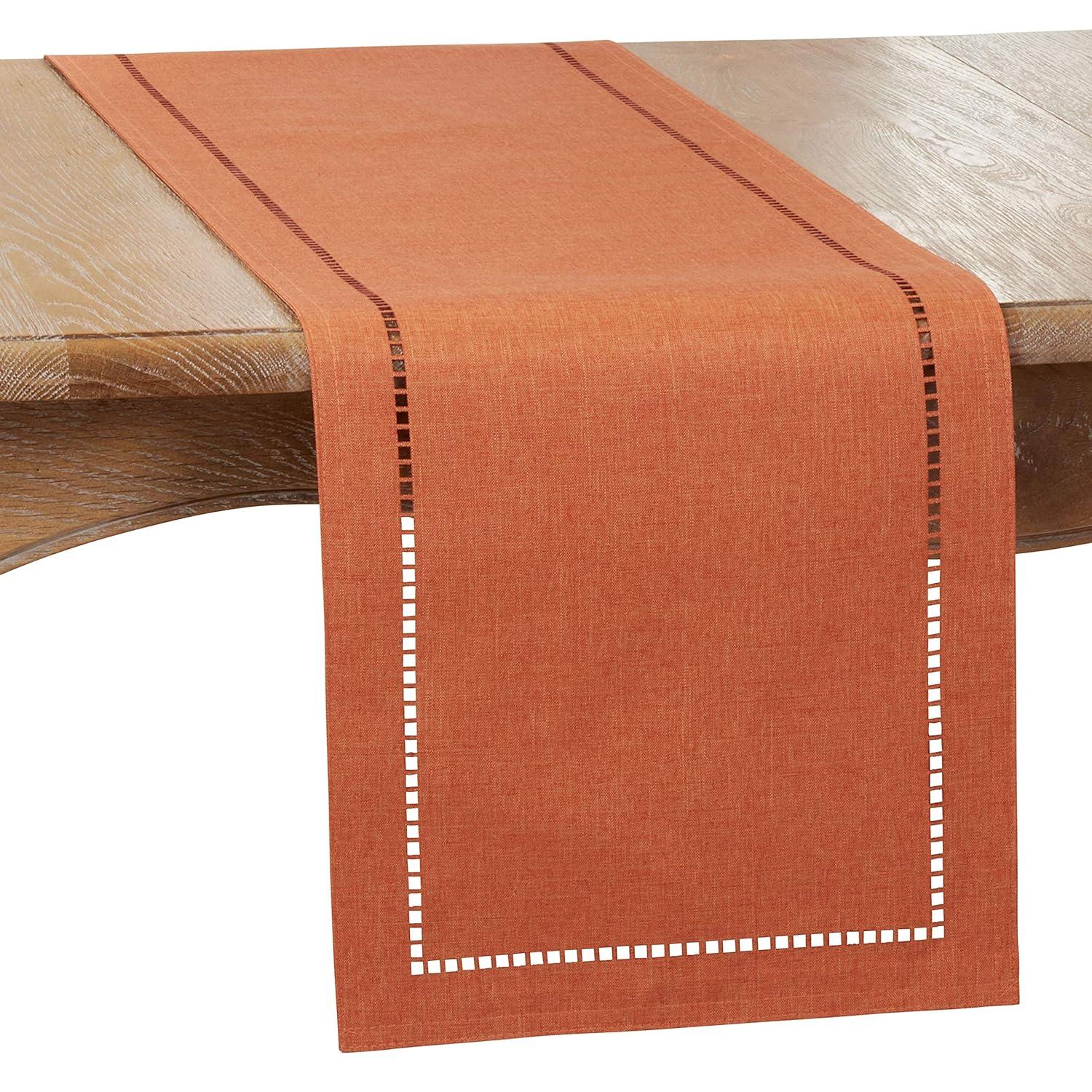 Saro Lifestyle Dining Table Runner With Laser-Cut Hemstitch Design, Rust, 14" x 120"