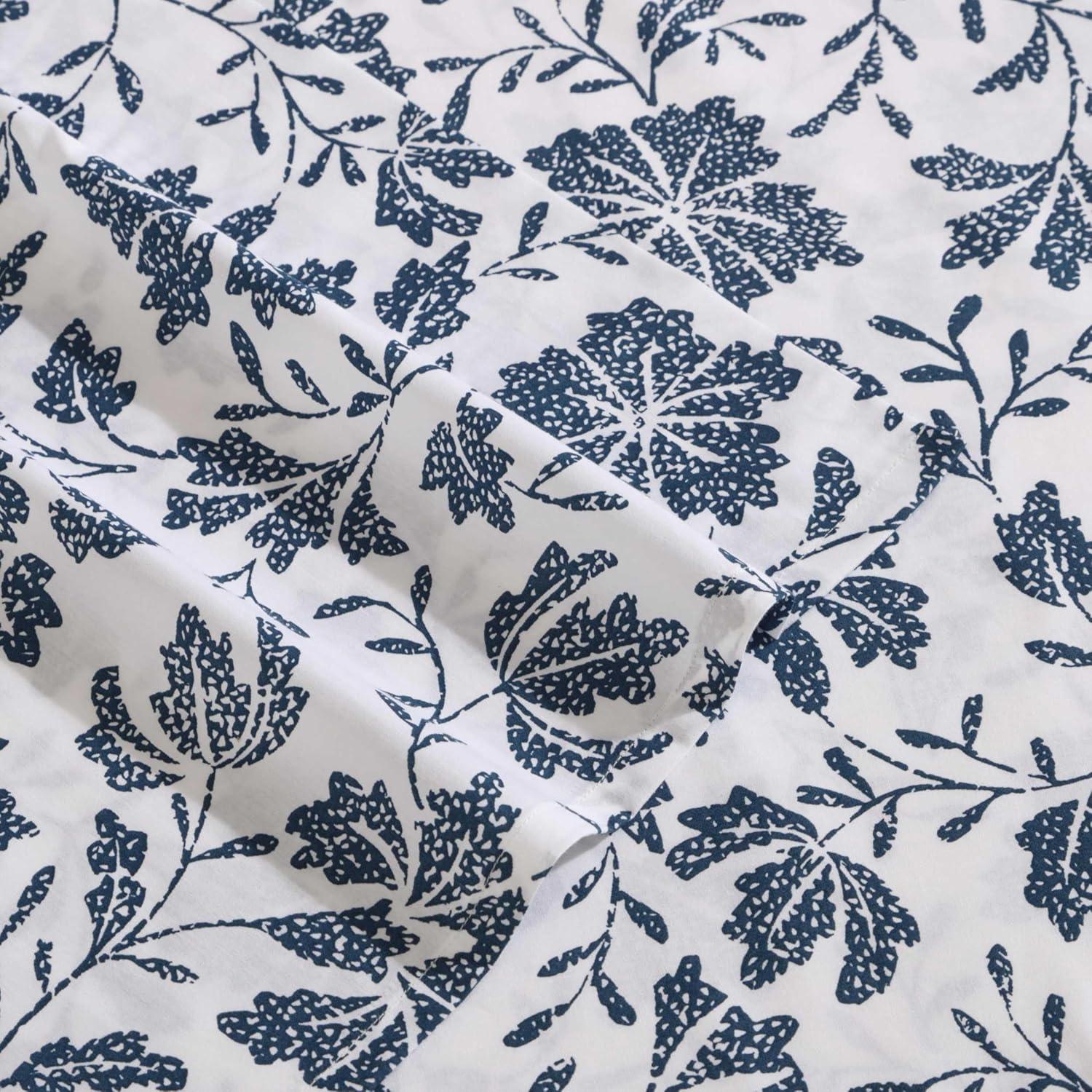 Eddie Bauer Woodblock Floral Blue 100% Cotton Percale Queen Sheet Set