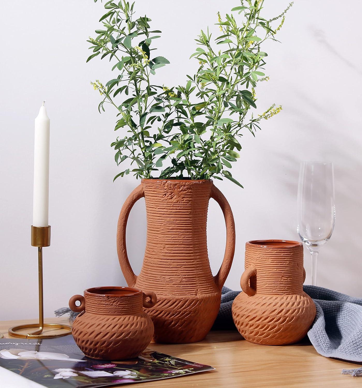 Terracotta Vases Sets, Farmhouse Decor, Ceramic Vase for Flower, Wide Mouth Rustic Home Decor Vases for Flowers, Living Room,Table,Shelf and Accessories (3)