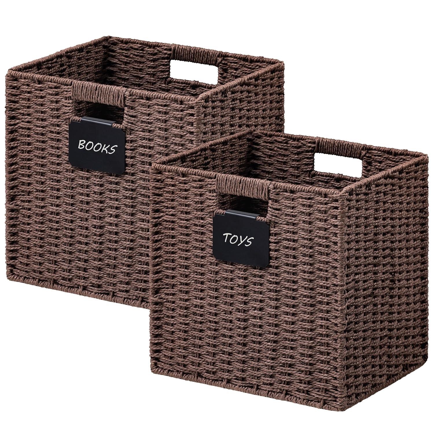 Ornavo Home 2 Pack Paper Wicker Storage Shelf Basket Cube Bin with Handles - 10.5" Inch - Brown