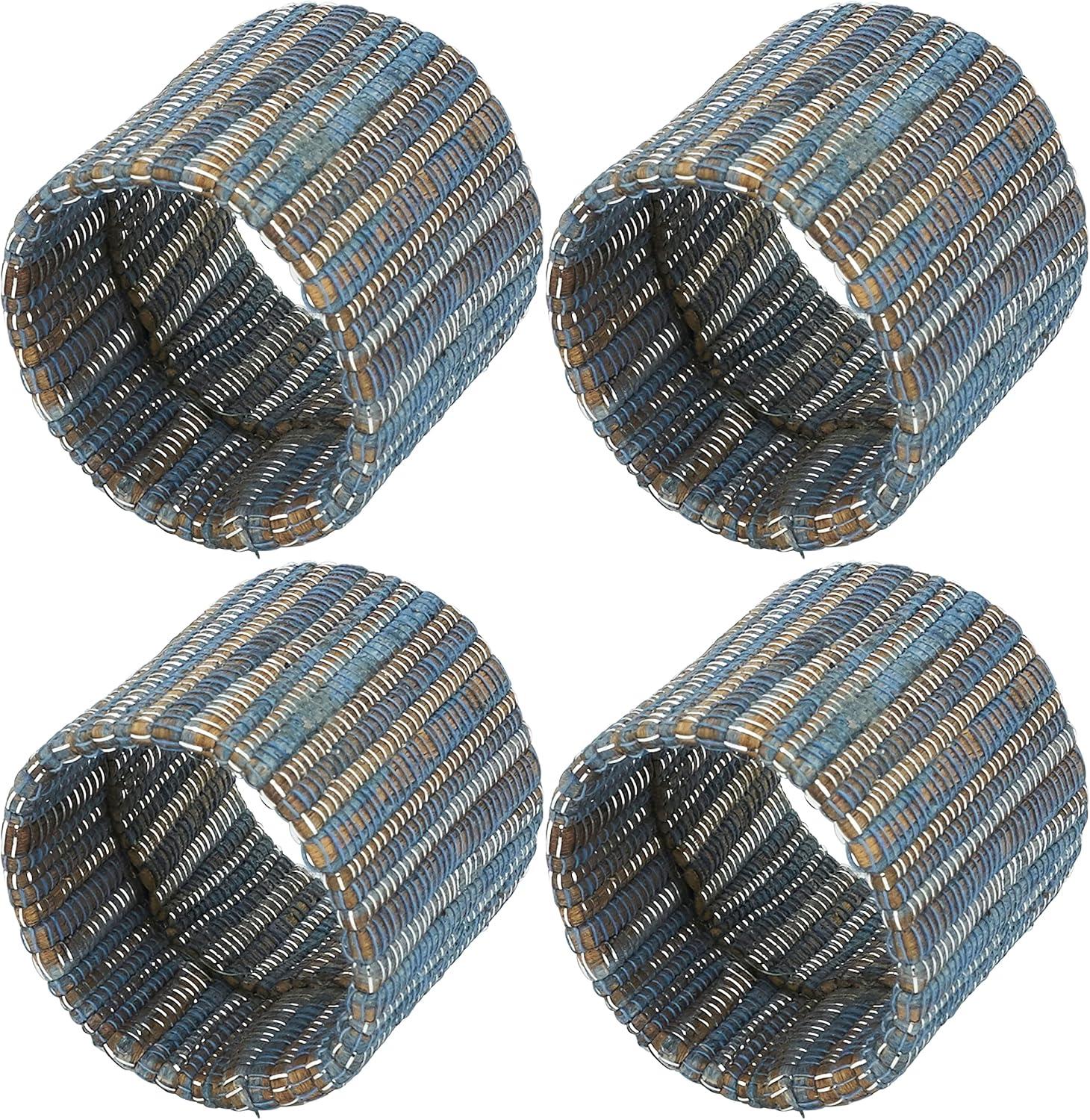 Saro Lifestyle Napkin Rings With Shimmering Woven Nubby Design (Set of 4), Blue-Grey, 1.5"