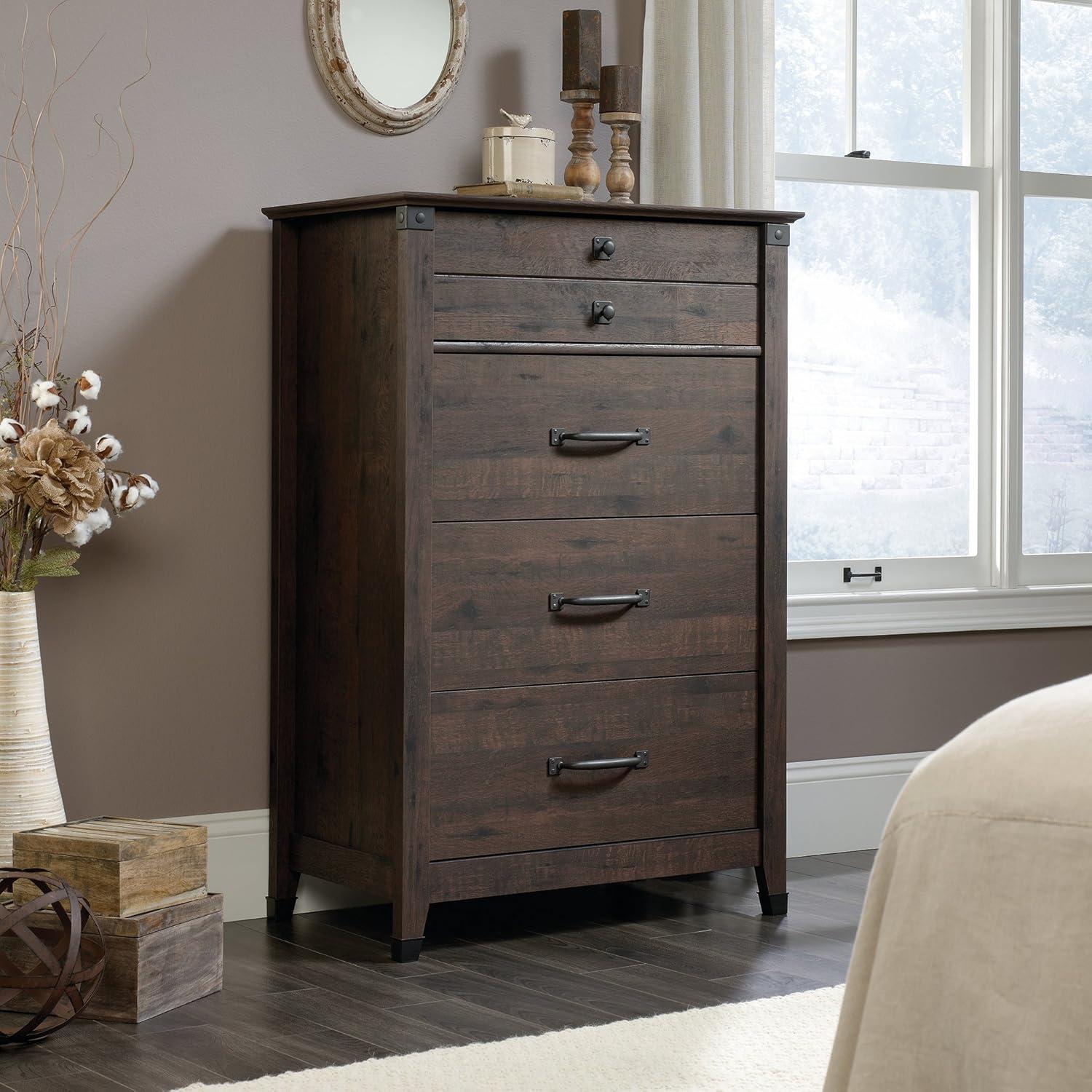 Coffee Oak Vertical 4-Drawer Chest with Wrought Iron Hardware