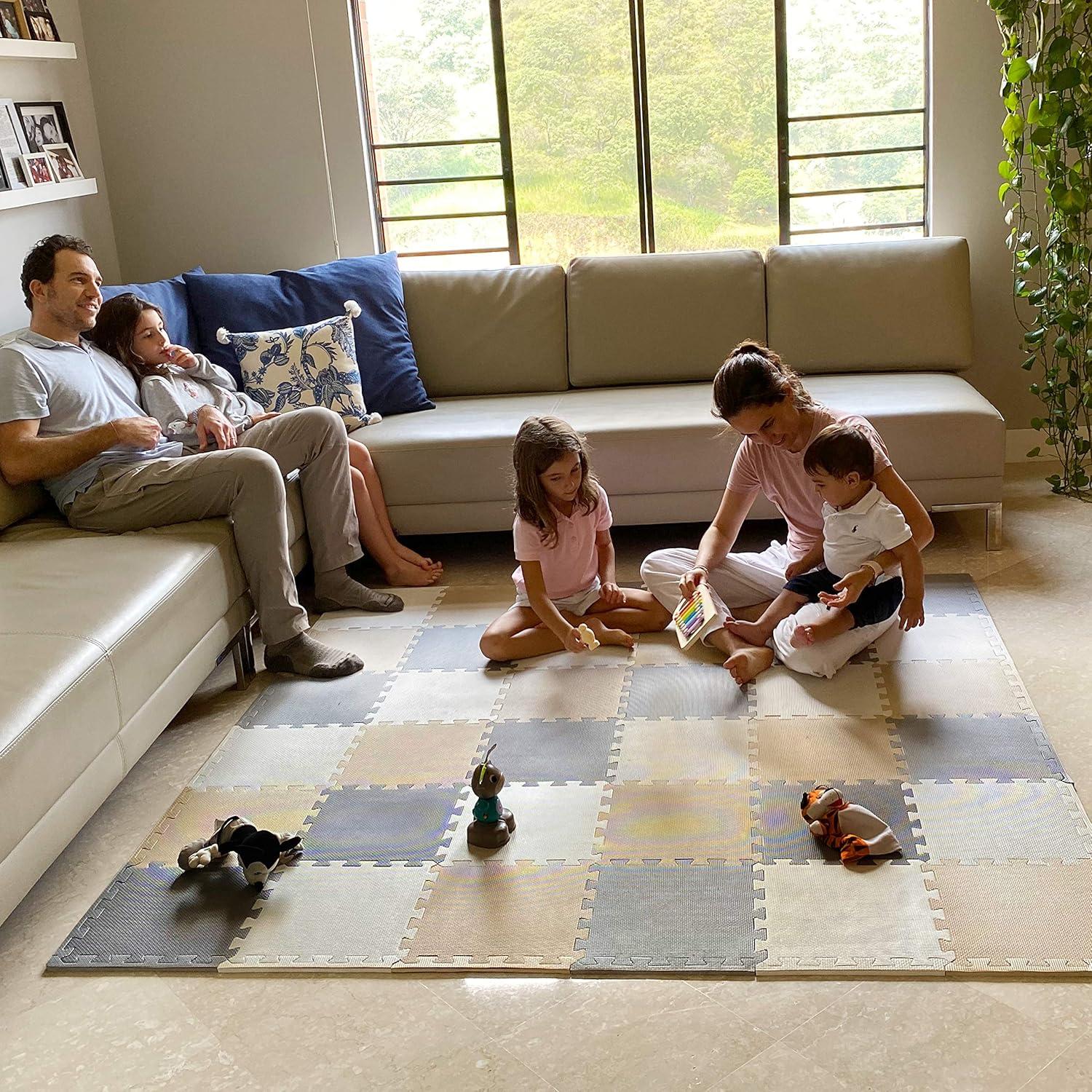 Cream-Gray-Beige Non-Toxic Foam Play Mat, 36 Tiles