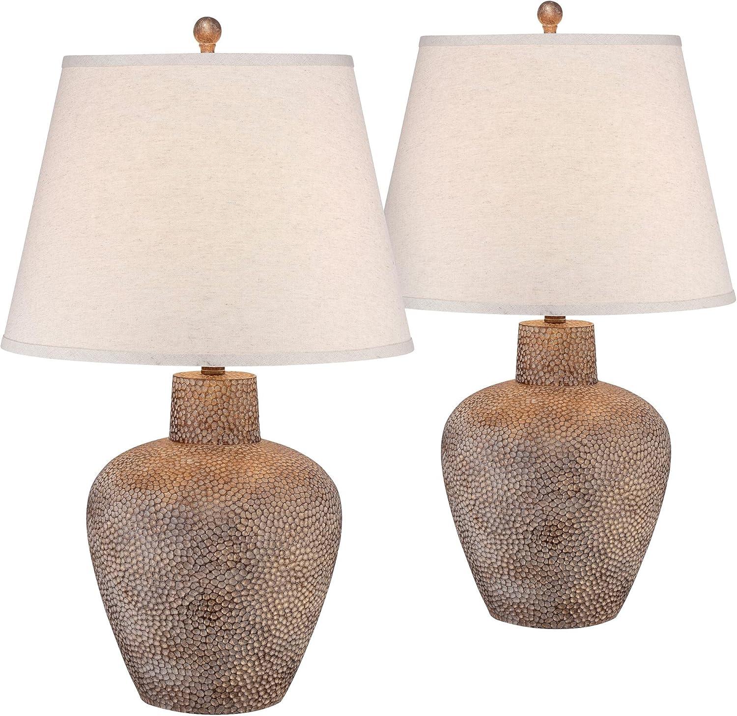 Franklin Iron Works Rustic Farmhouse Table Lamps 29" Tall Set of 2 Brown Leaf Hammered Pot Off White Shade for Bedroom Living Room House Home Bedside