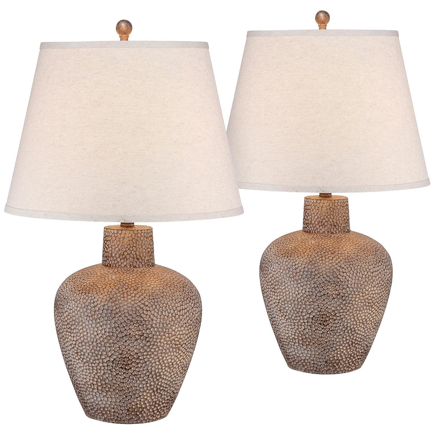 Franklin Iron Works Rustic Farmhouse Table Lamps 29" Tall Set of 2 Brown Leaf Hammered Pot Off White Shade for Bedroom Living Room House Home Bedside