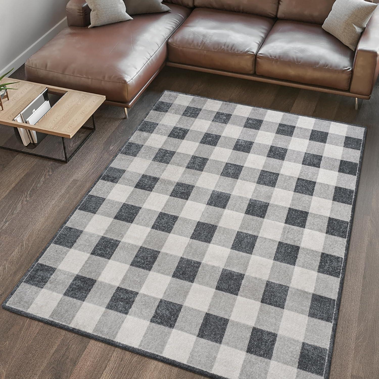 Gray Gradient Plaid Washable Synthetic Area Rug, 3 x 5