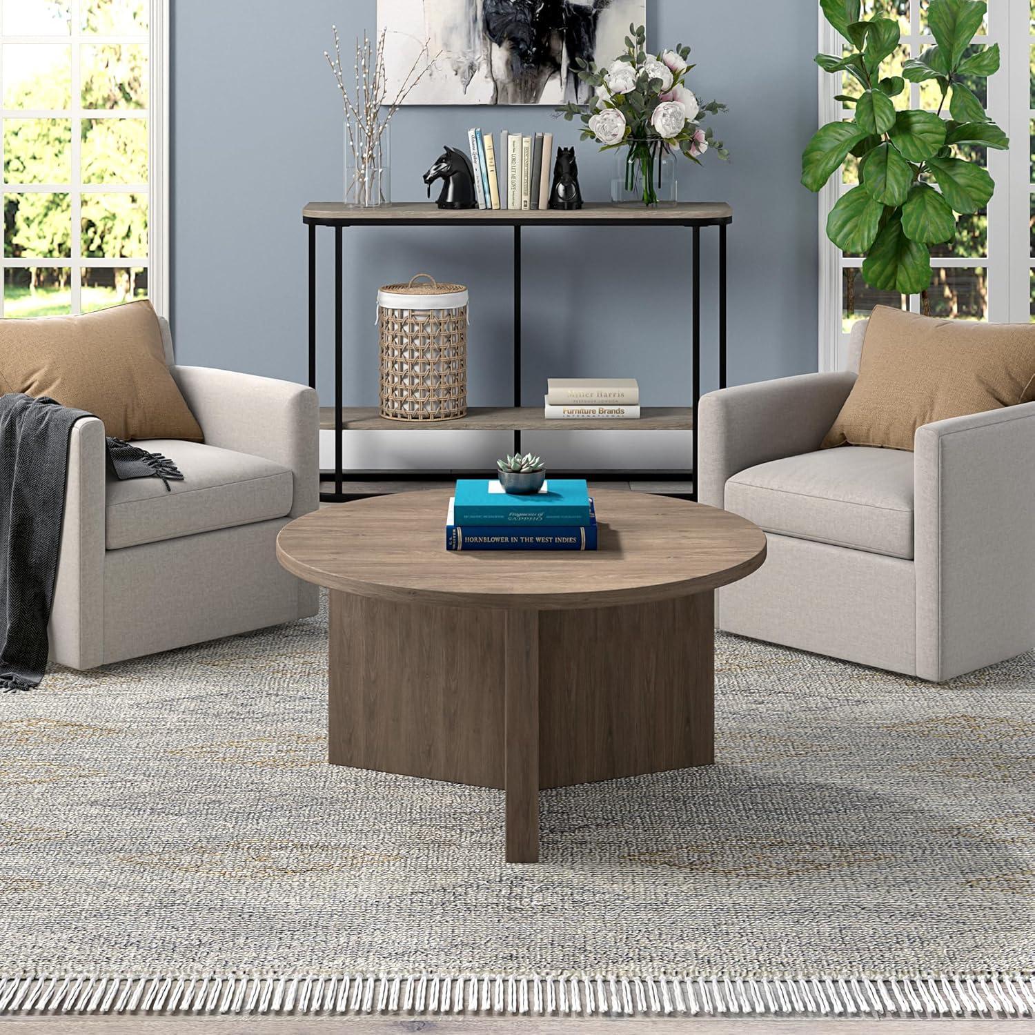 Evelyn&Zoe Anders Easy Assembly Round Medium Density Fiberboard Coffee Table, Antiqued Gray Oak