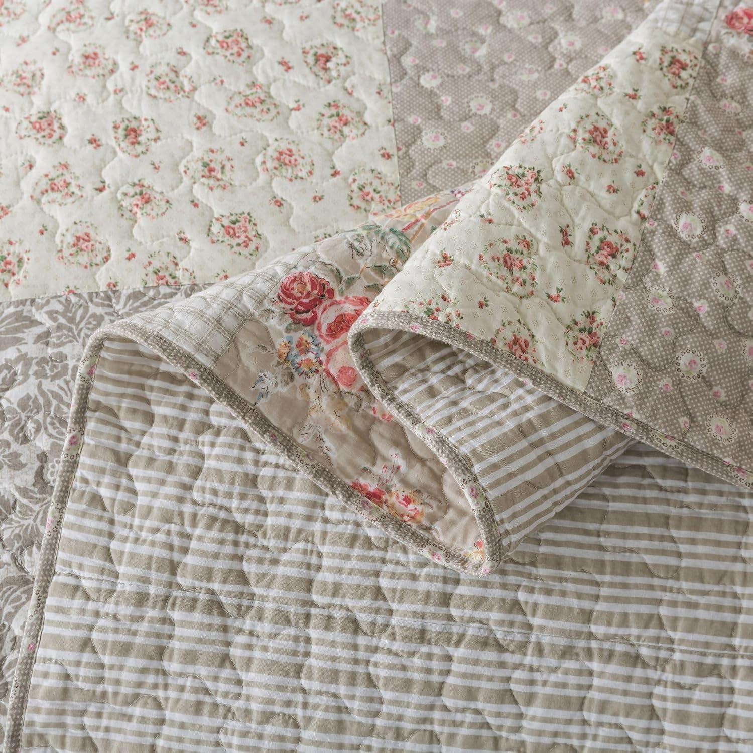 SLPR Walk in The Cotswolds Patchwork Cotton Pieced Quilt Set - Queen Size with 2 Shams, Neutral Floral & Cream Cottage Quilted Bedspread, French Country Farmhouse Bedding for All Seasons