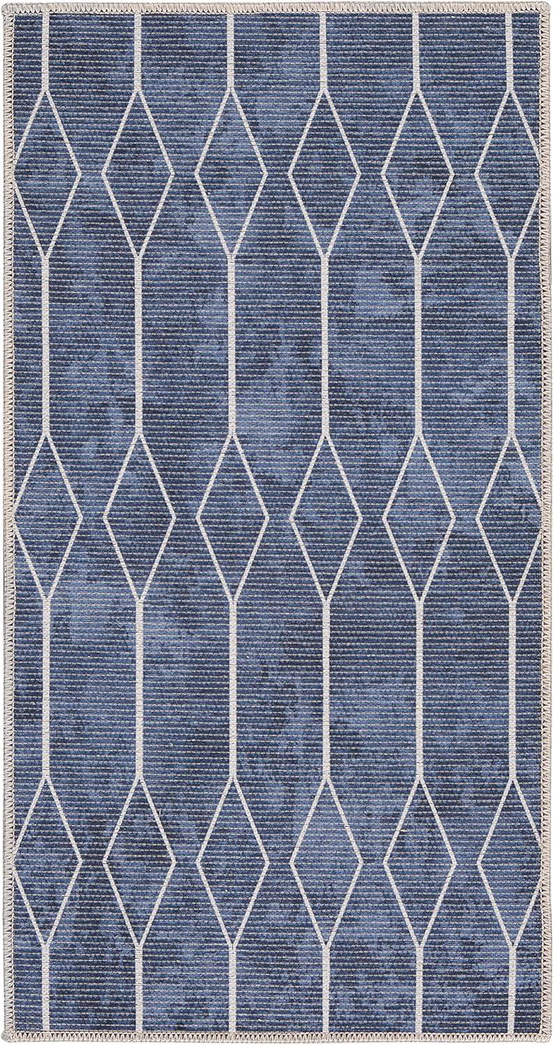 SR107 Geometric Machine Washable Area Rug in Navy Blue