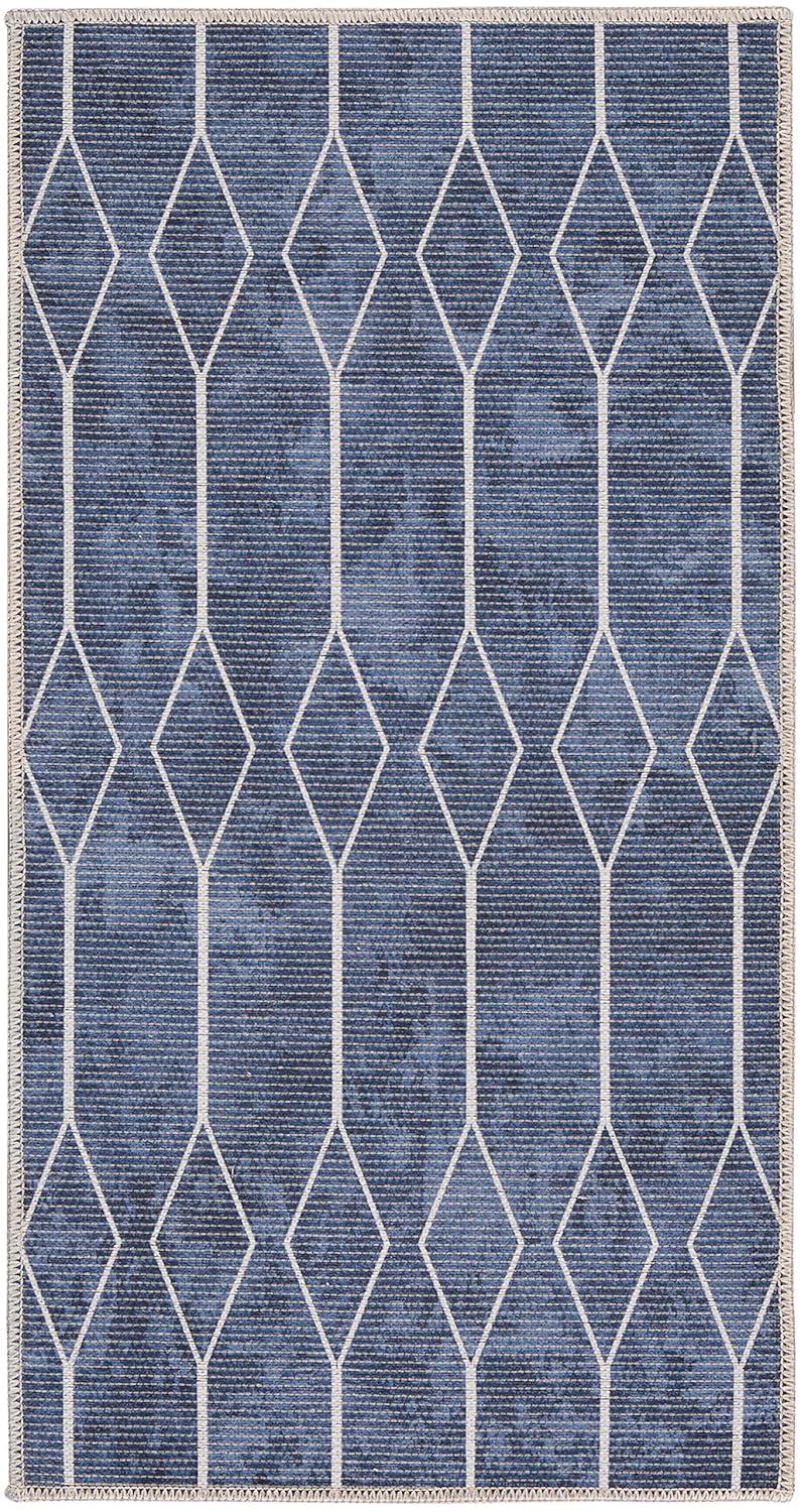 Pymble Geometric Machine Washable Area Rug in Navy Blue