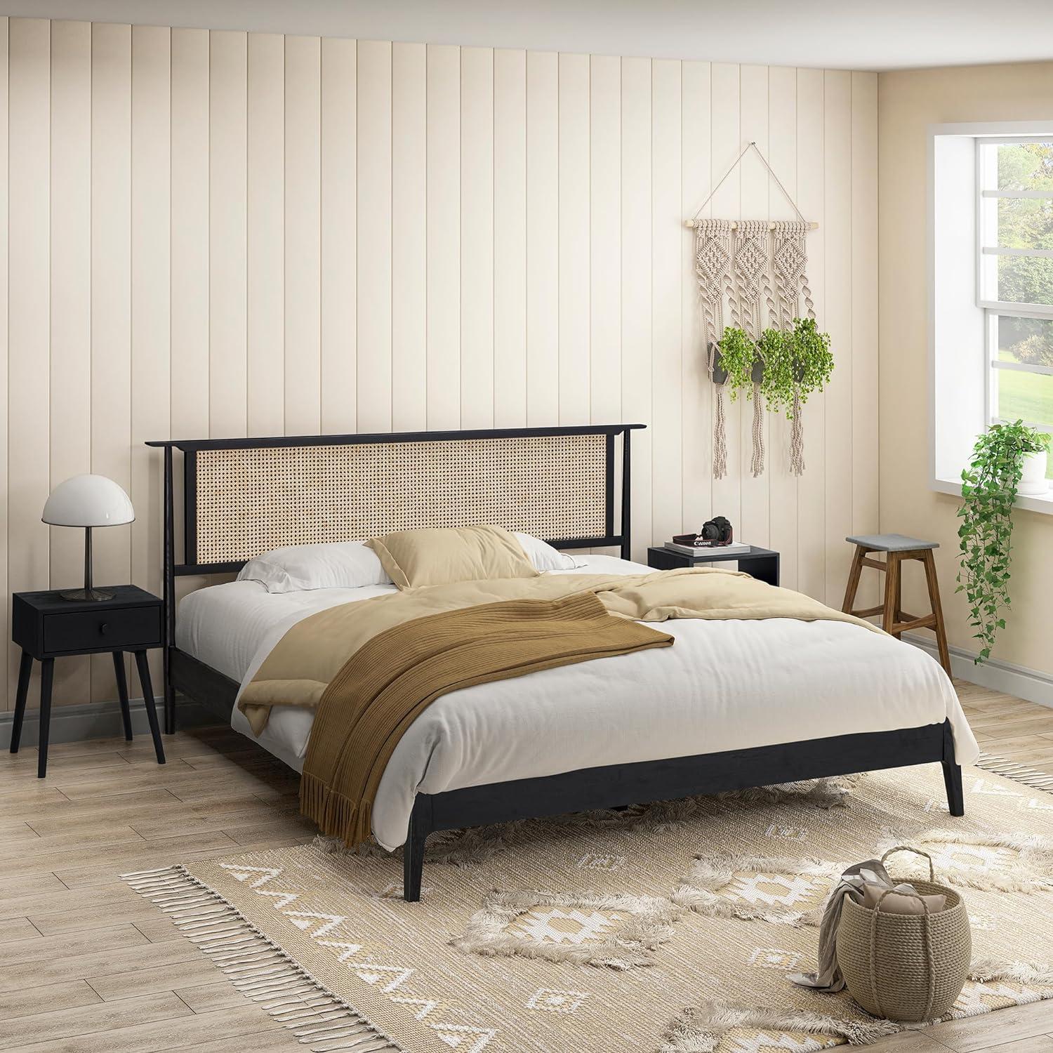 Ruby Wooden Bed Frame With Headboard And Natural Rattan, 1000 Lb Capacity