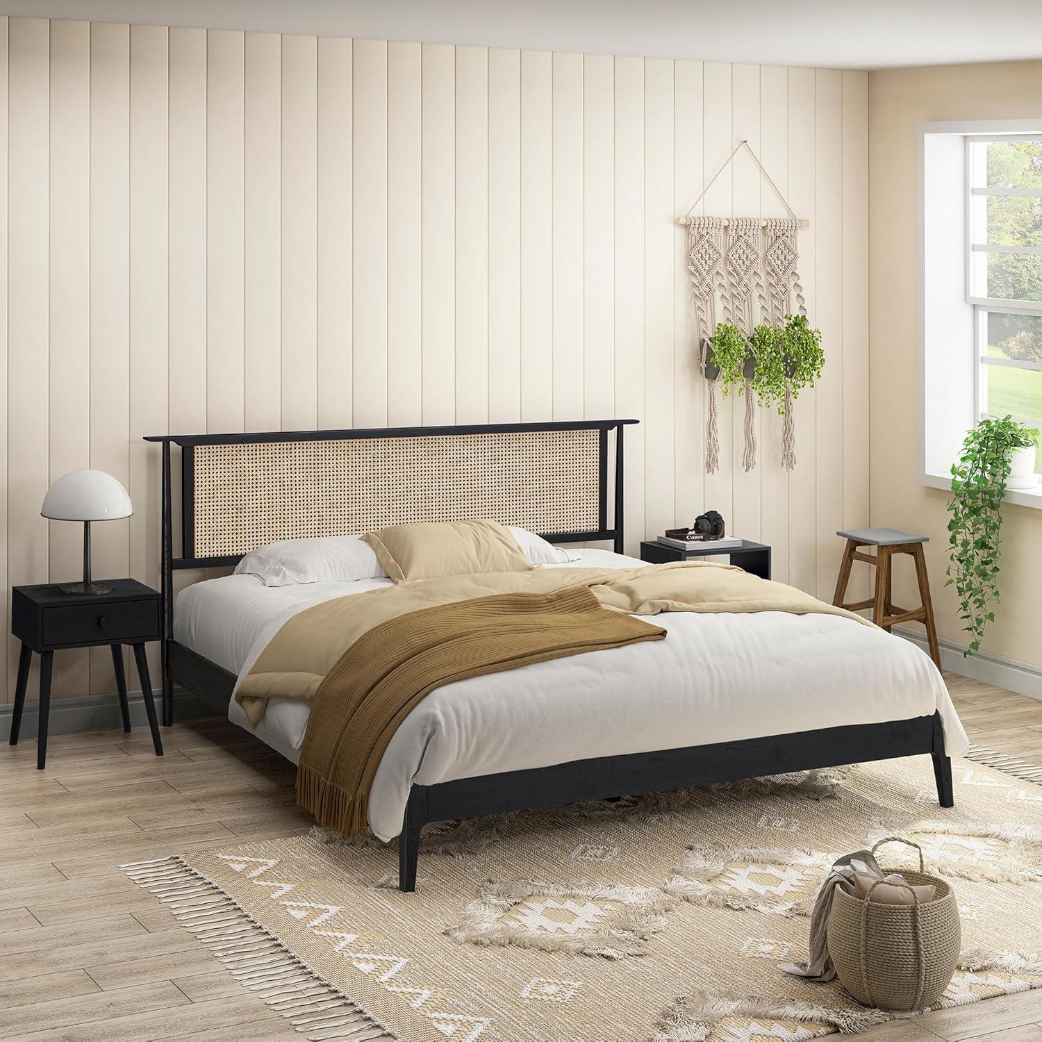 Ruby Wooden Bed Frame With Headboard And Natural Rattan, 1000 Lb Capacity