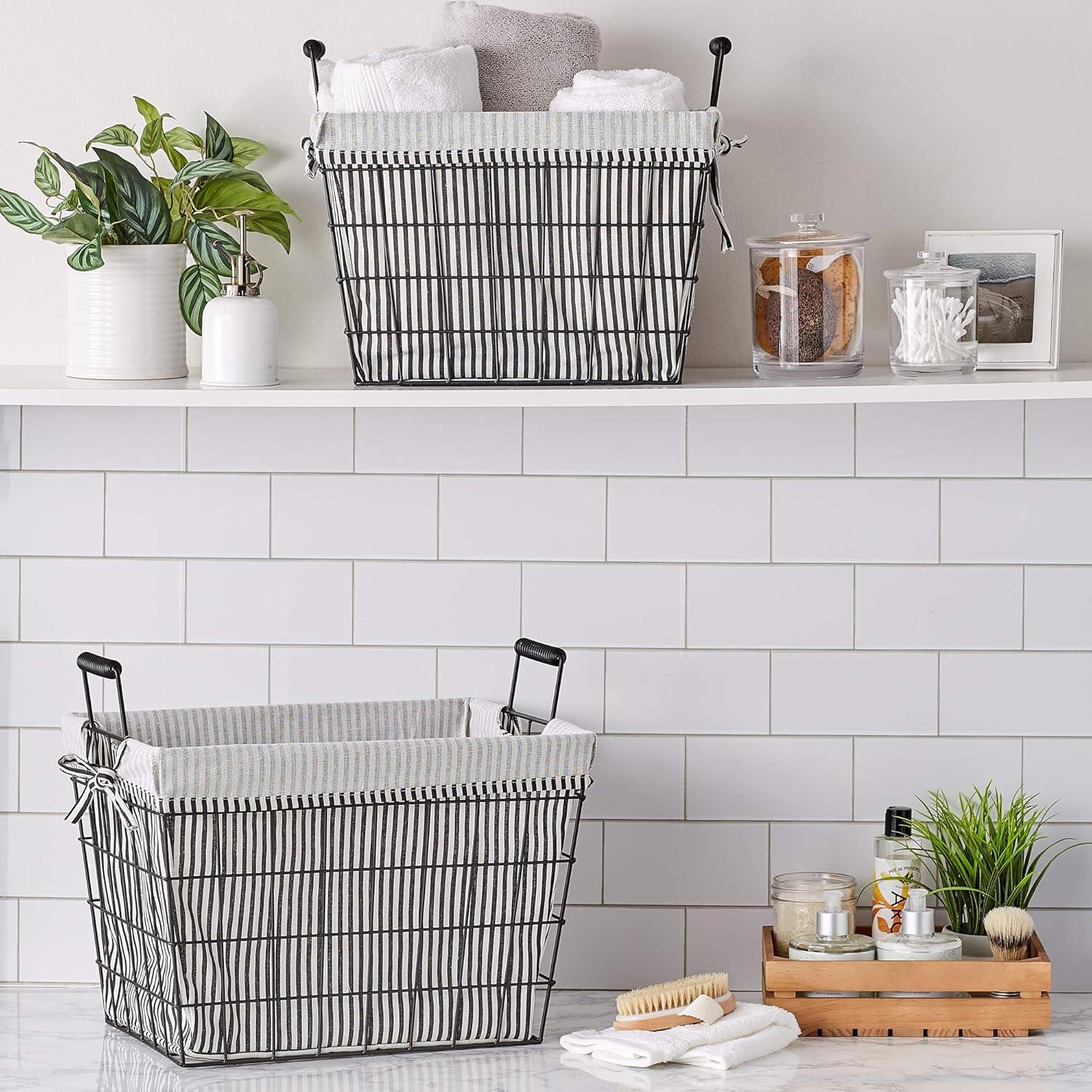 DII Metal Farmhouse Lined Basket, Contemporary Storage Container, Ticking Stripe, Assorted