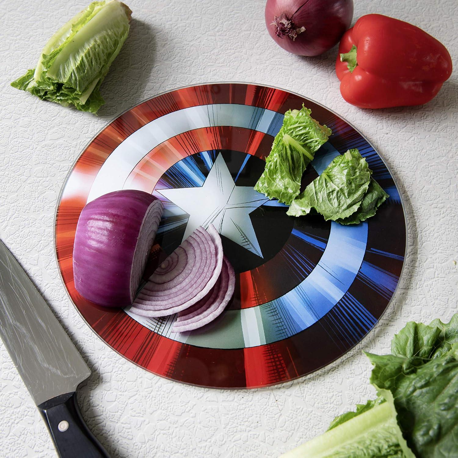 Marvel Captain America's Shield Non-Slip Glass Cutting Board | Features Comic-Book Style Art Designs | Measures 11.75 Inches