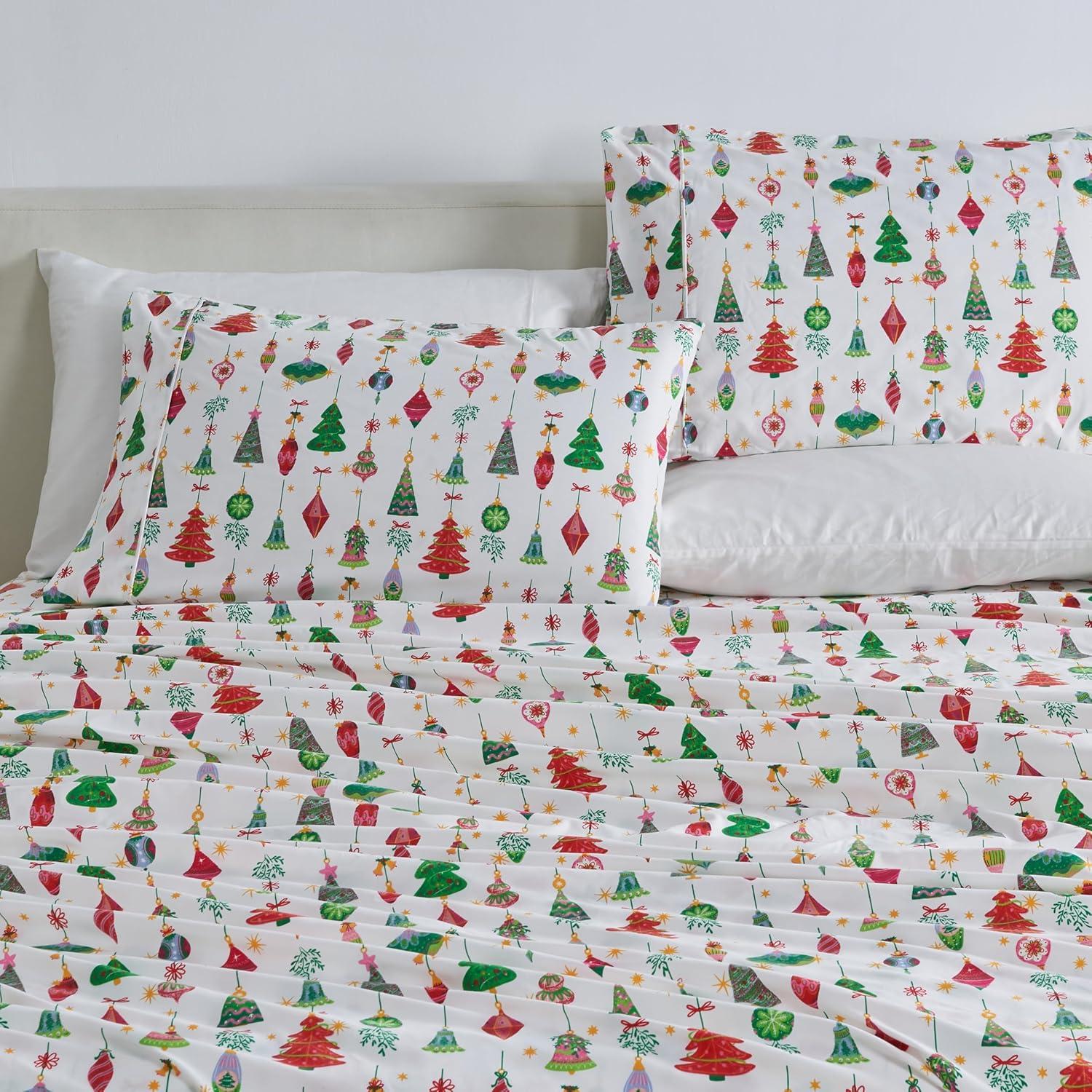 Great Bay Home Microfiber Bed Sheet Set, 3-Piece Holiday-Themed Sheets, Twin, Twinkling Ornaments