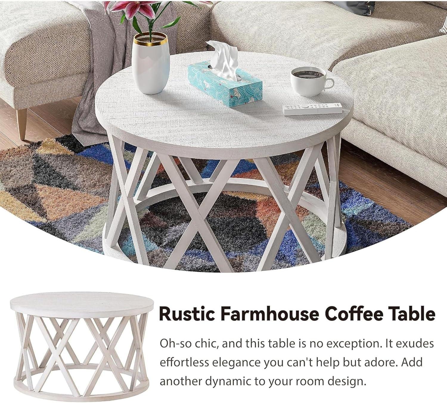 Antique White Round Wood Coffee Table with X-Motifs