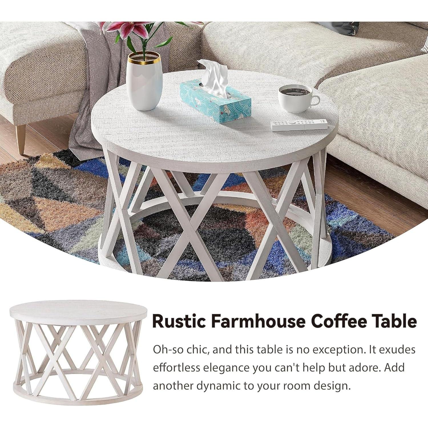 Antique White Round Wood Coffee Table with X-Motifs