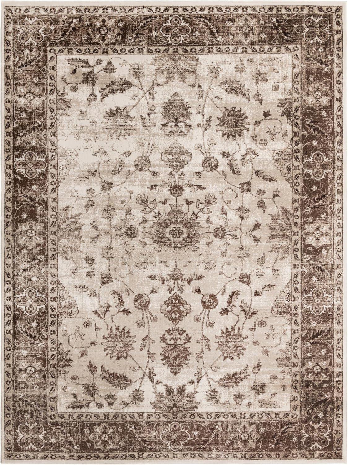 Ivory and Brown Floral Hand-knotted Synthetic 9' x 12' Rug