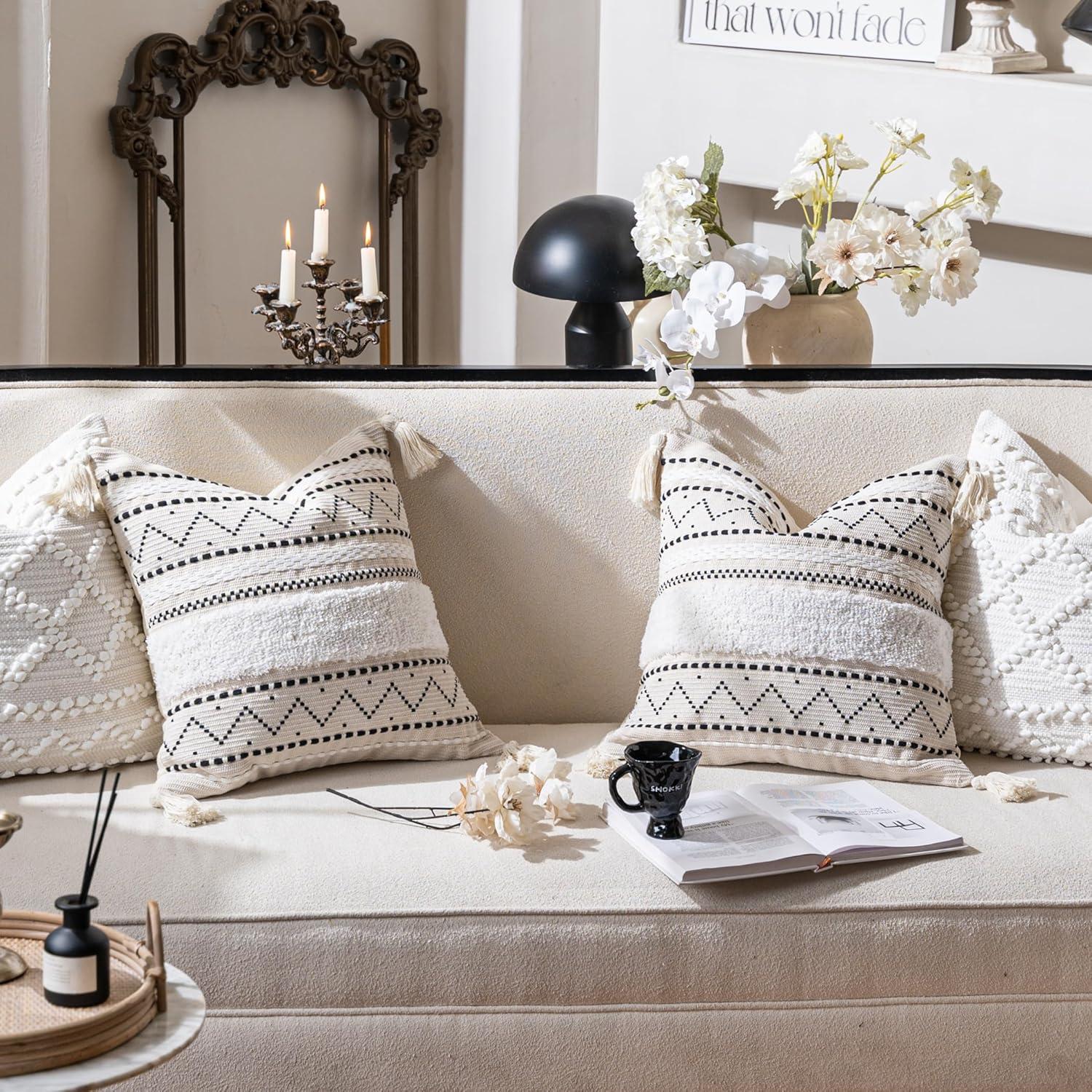 Decorative Throw Pillow Cover 20x20 Combo Set of 2 Square Boho Black Neutral Accent Pillowcase Tassels Farmhouse Cushion for Couch Sofa Bedroom Living Room Home Décor Cover ONLY