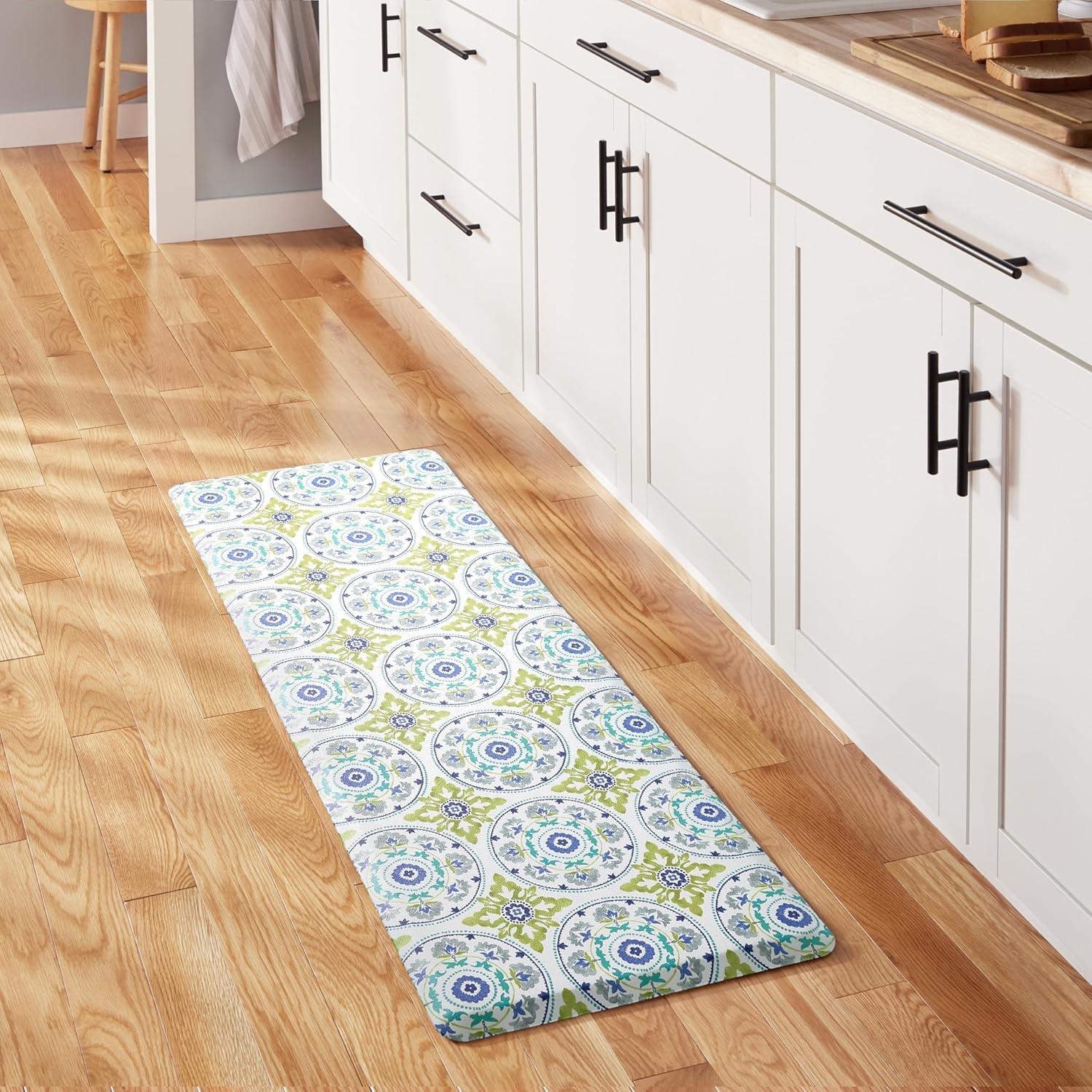 Blue Green White Geo Textured Anti-Fatigue Kitchen Runner Mat