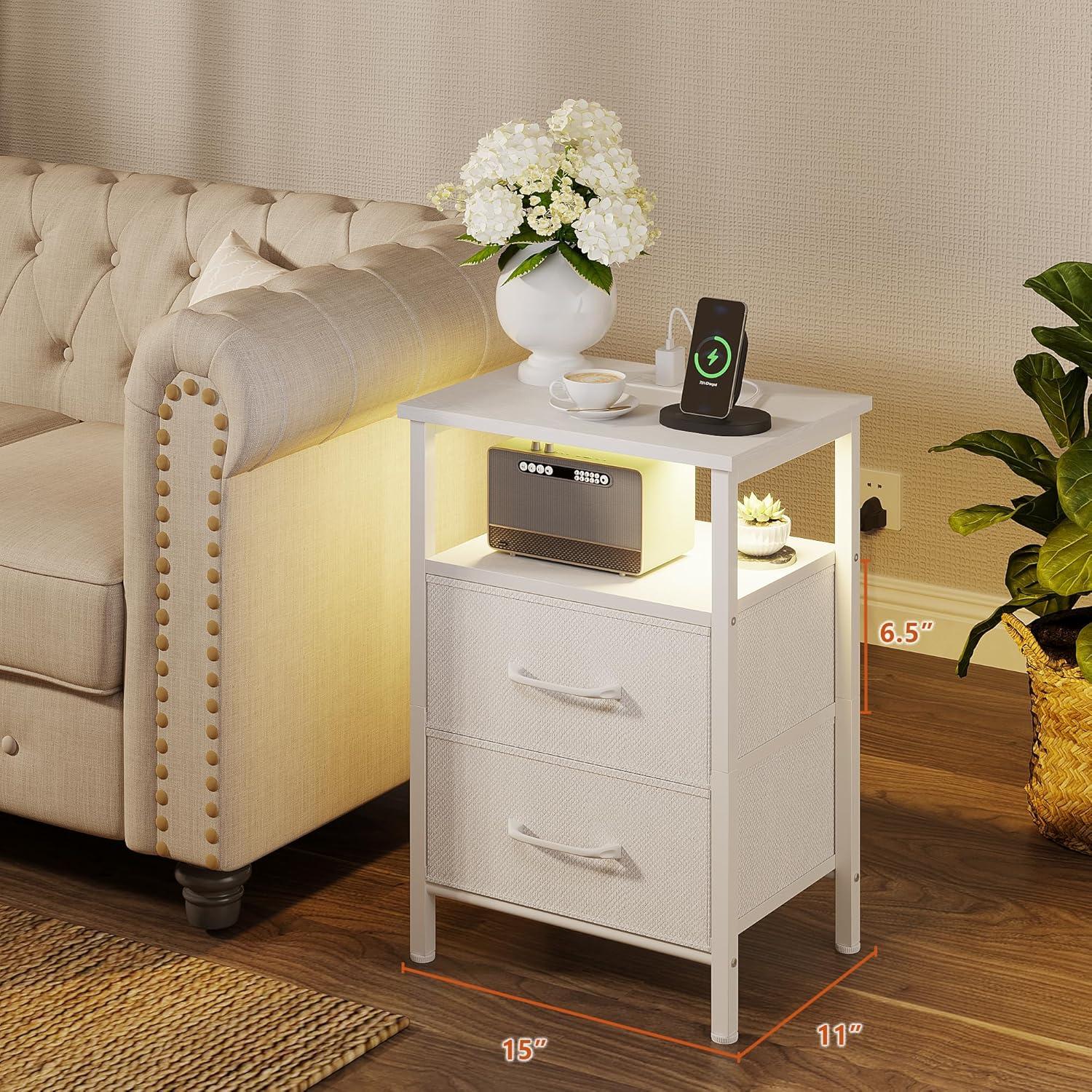 End Table with Charging Station, Narrow Side Table with 2 Fabric Drawers, Skinny Nightstand with LED Light, Slim Bedside Table for Bedroom, Living Room, Small Spaces, White