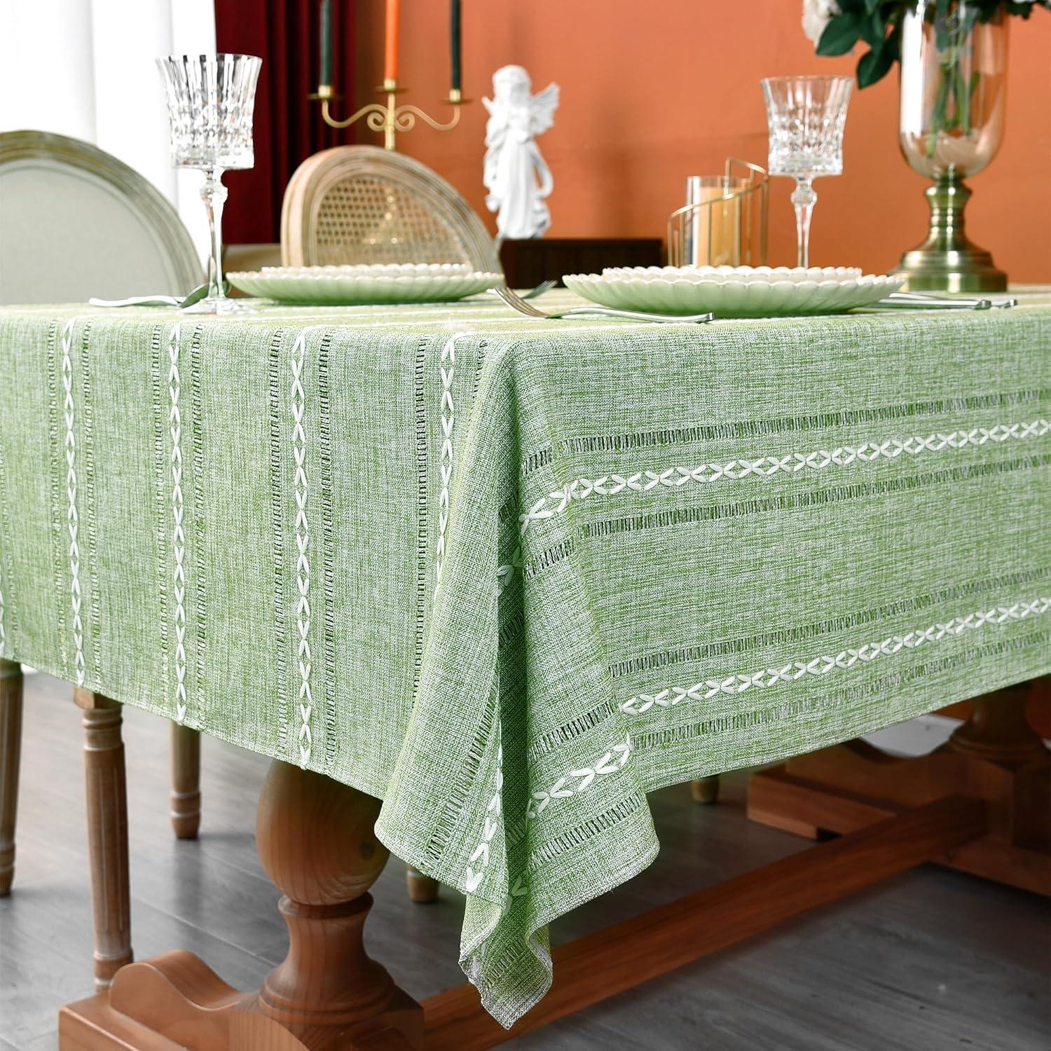 Sage Green Embroidered Cotton Linen Rectangular Tablecloth