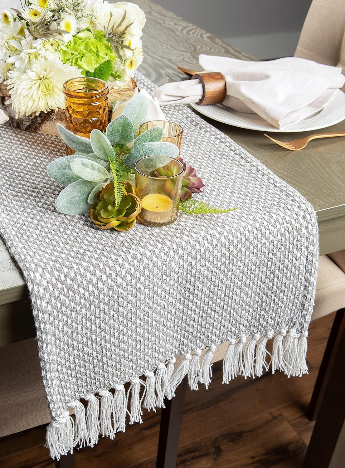 Design Imports  Woven Jacquard Fringe Table Runner, Gray, 15X72"