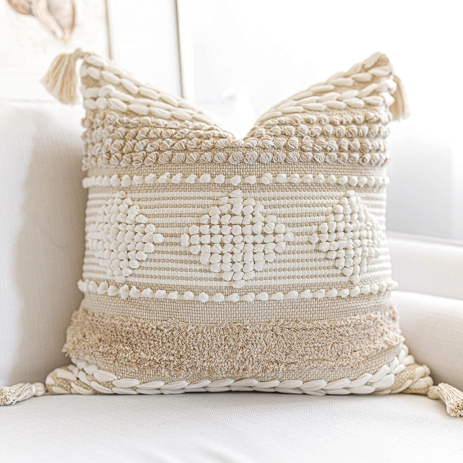Cream White Boho Throw Pillow Cover 20X20, Decorative Neutral Accent Pillow for Couch, Square Woven Textured Pillowcase, Modern Boho Pillow for Bed, Bohemian Pillow Cover (Pack of 1)