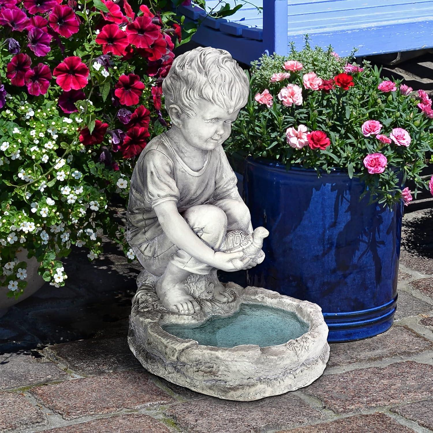 Antique Stone Little Boy with Turtle Garden Statue