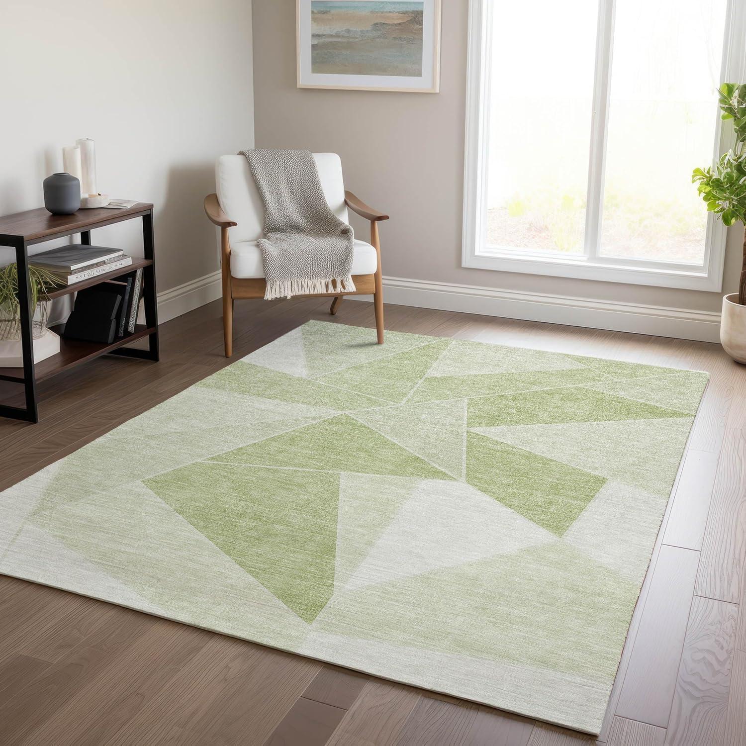 Aloe Green Geometric 9' x 12' Washable Synthetic Rug