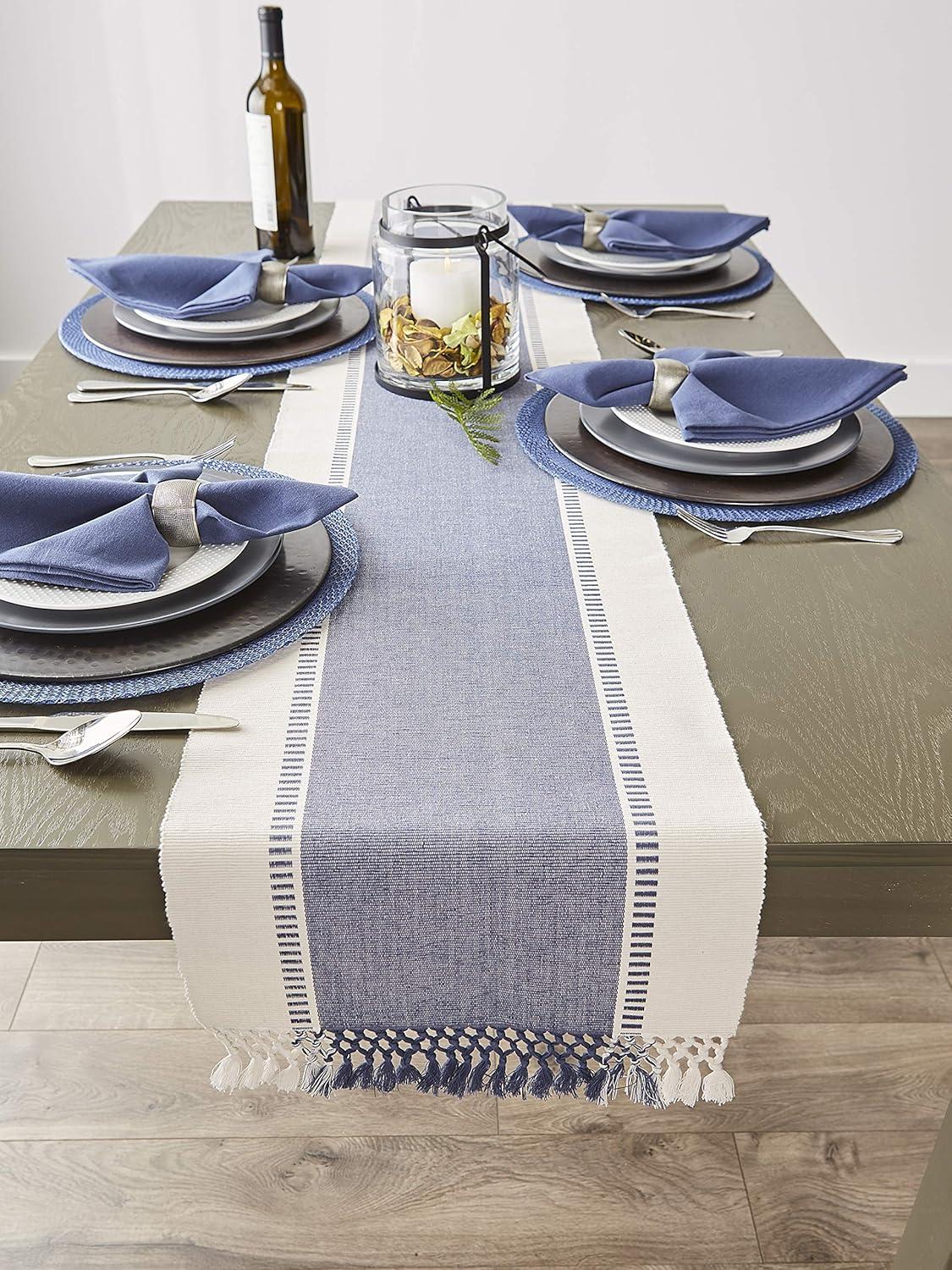 DII 13x72" Modern Cotton Dobby Stripe Table Runner in French Blue/Ivory