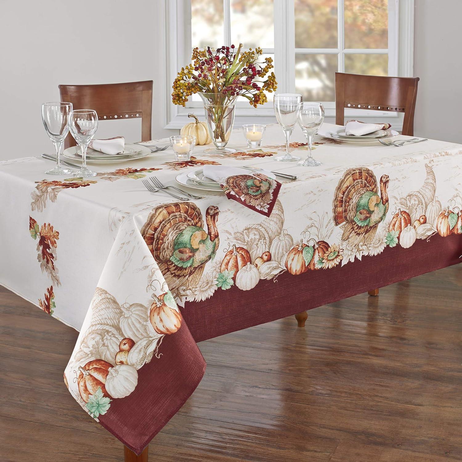 Elrene Holiday Turkey Bordered Fall Tablecloth - White/Red - Elrene Home Fashions