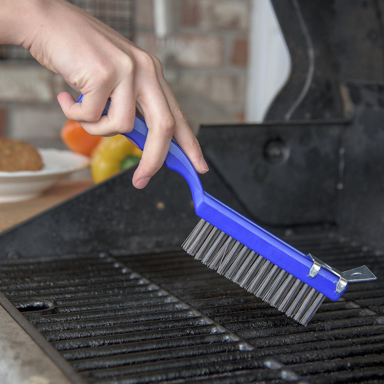 Blue Plastic Grill Brush with Steel Bristles and Scraper