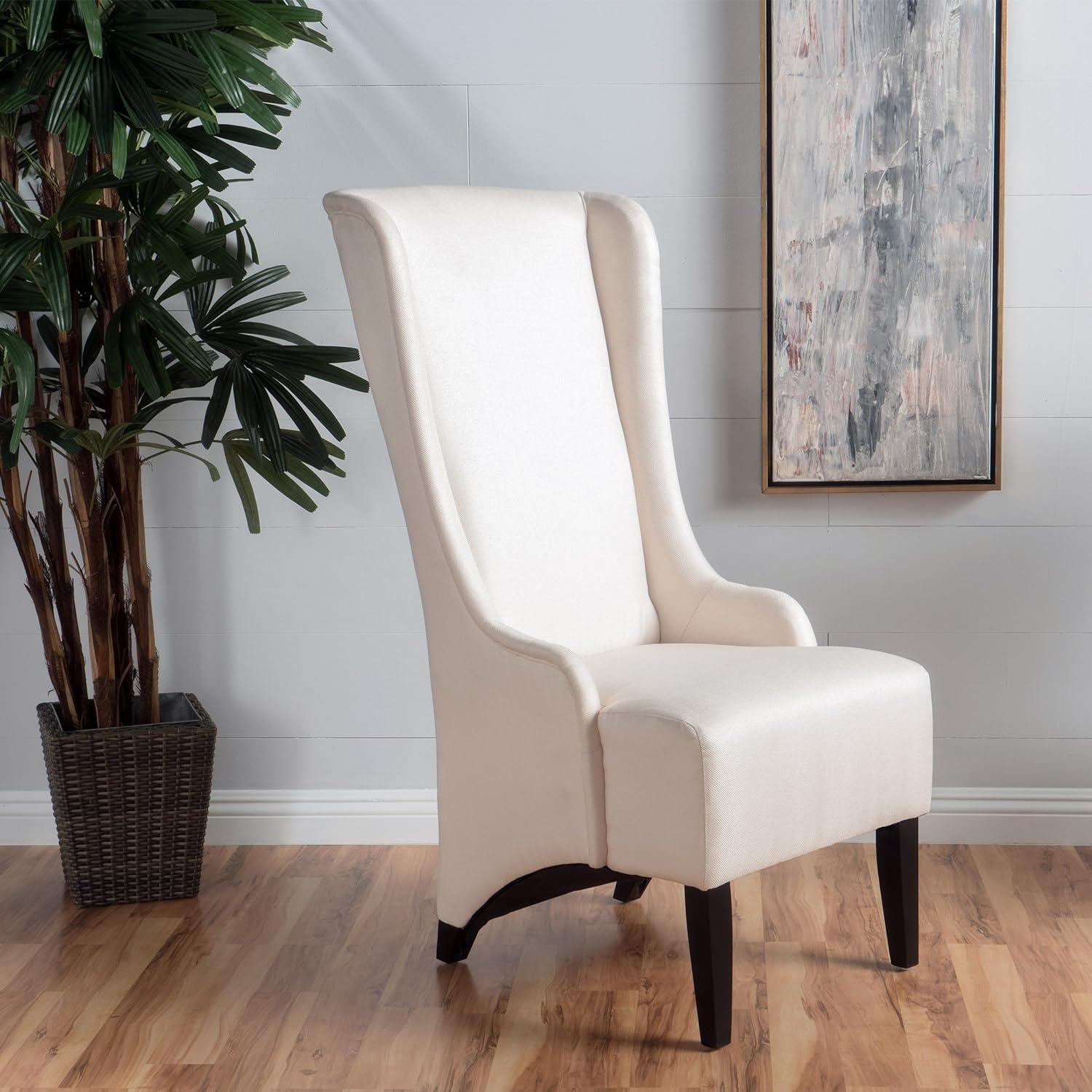 Beige High Back Upholstered Arm Chair with Birch Wood Legs