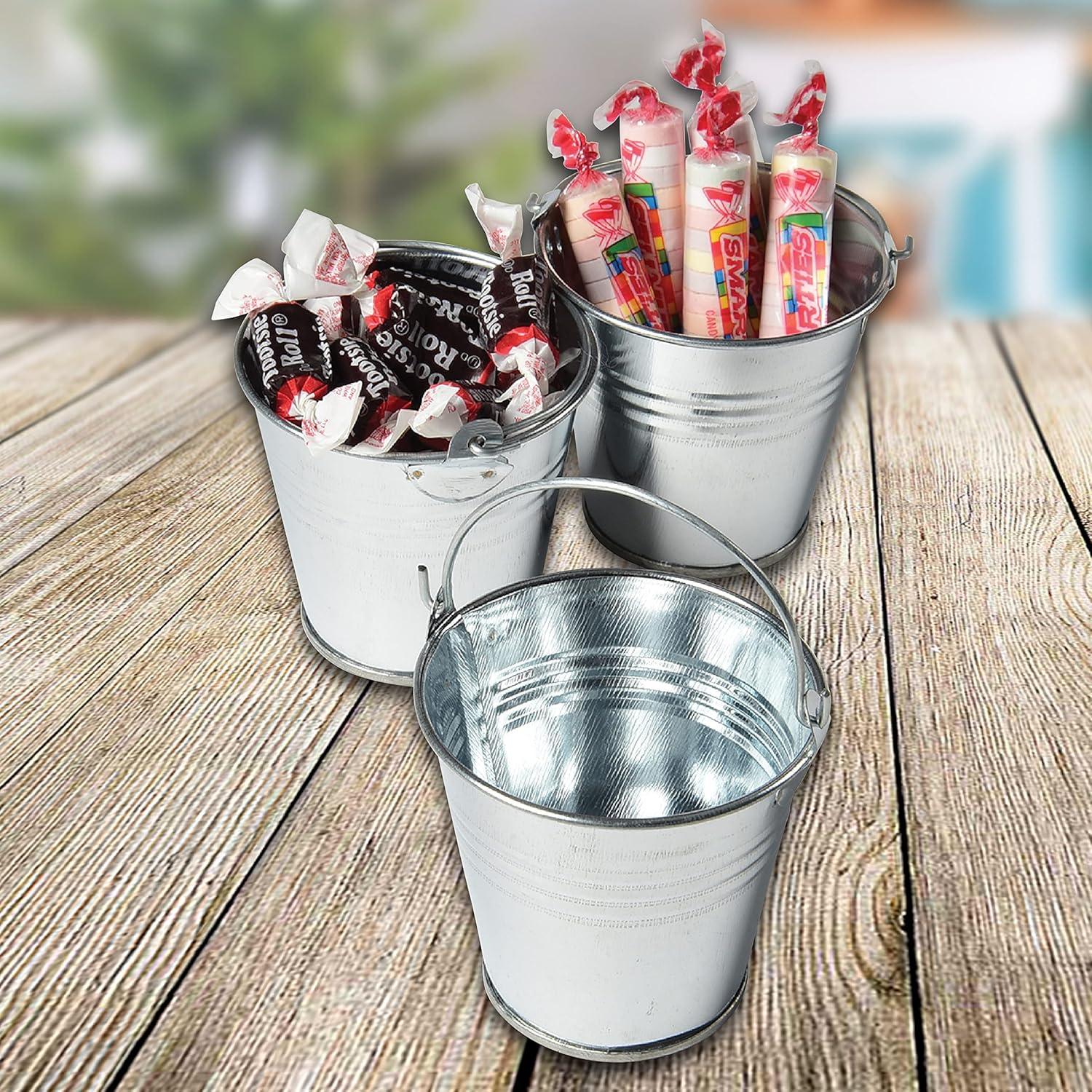 Mini Silver Metal Buckets with Handles, 2.5" Pack of 12