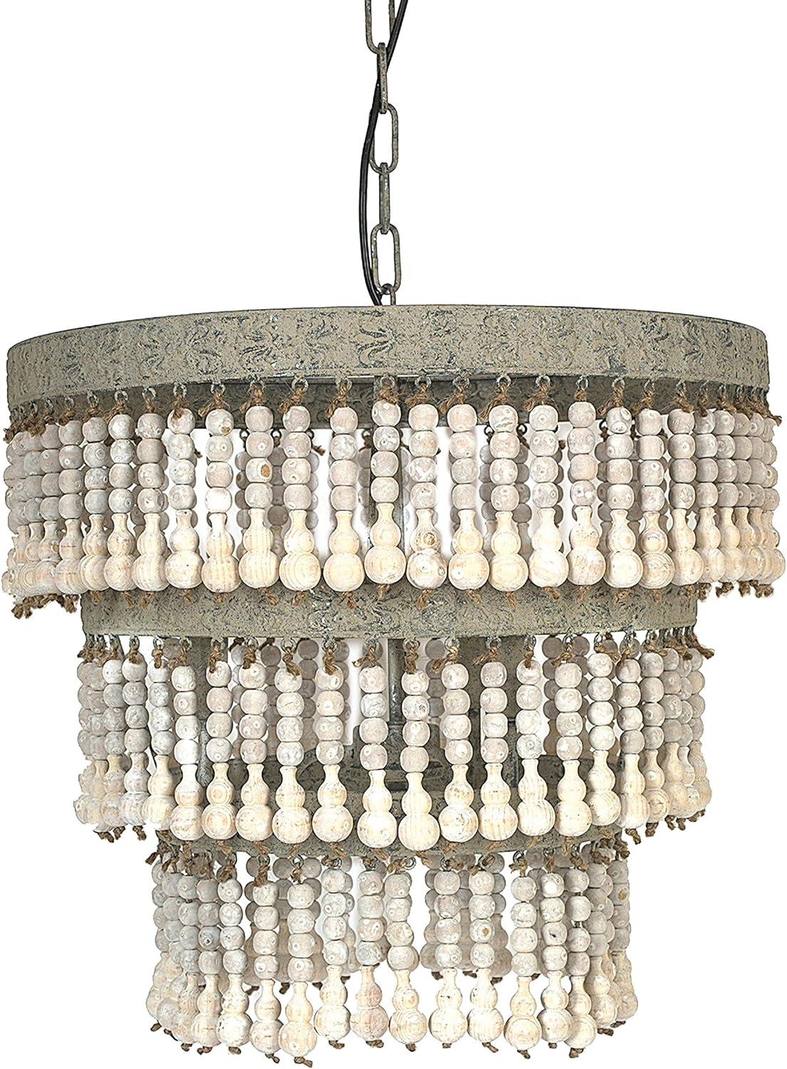 3-Tier Round Metal Chandelier with 3 Lights and Hanging Wood Beads Cream - Storied Home: Antique Bohemian Ceiling Fixture, UL Listed