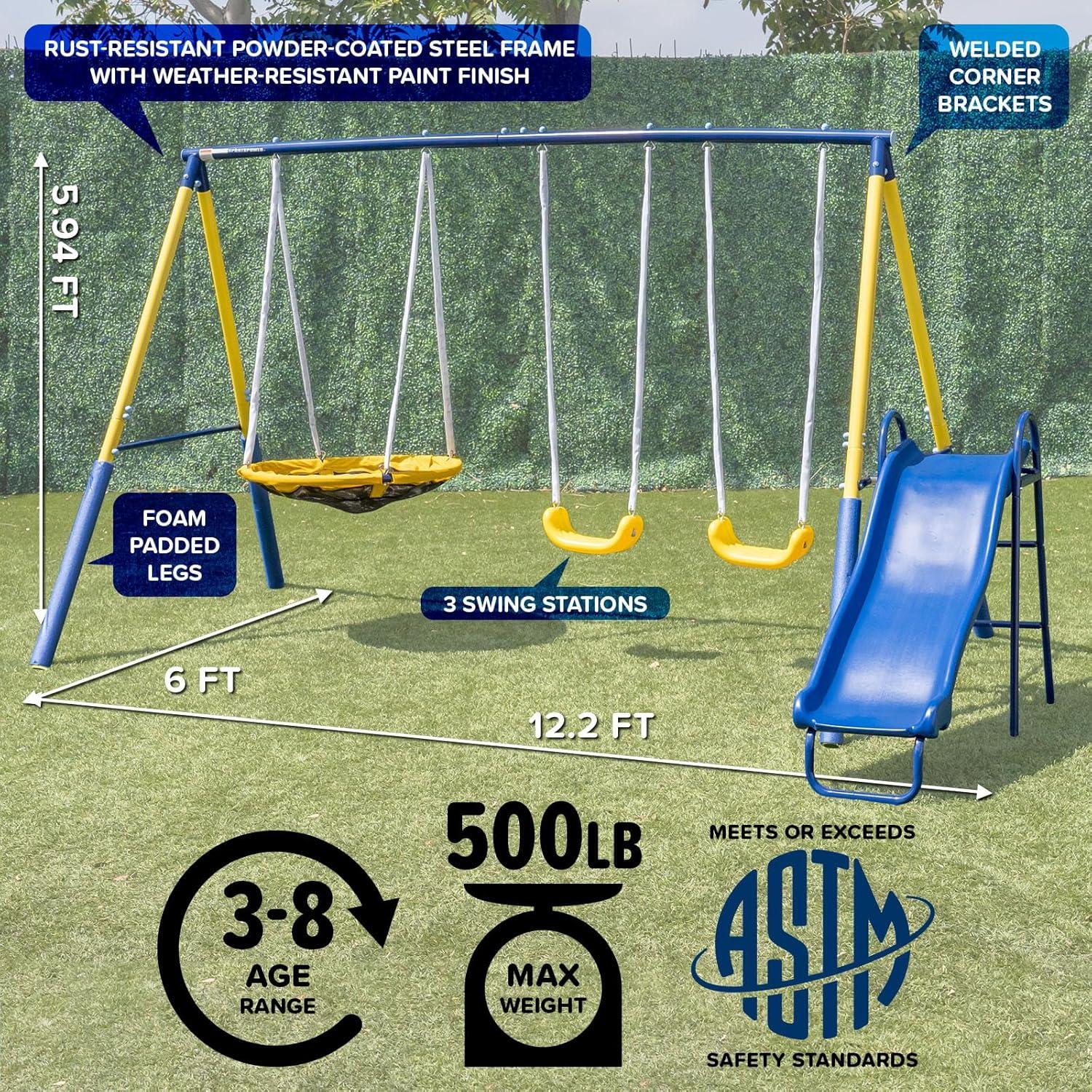Sportspower Sportspower Super Fun Metal Swing Set with Padded Saucer Swing & Lifetime Warranty on 5' Slide