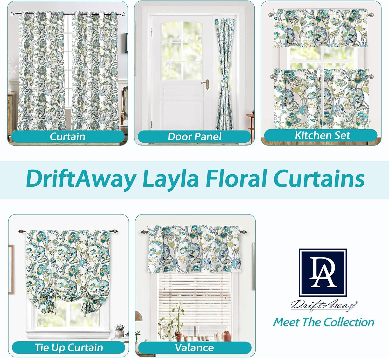 DriftAway  Layla Classic America Style Floral Leaves Room Darkening Window Curtain Valance Rod Pocket Ivory Teal Gray 52" Width X 14 " Length
