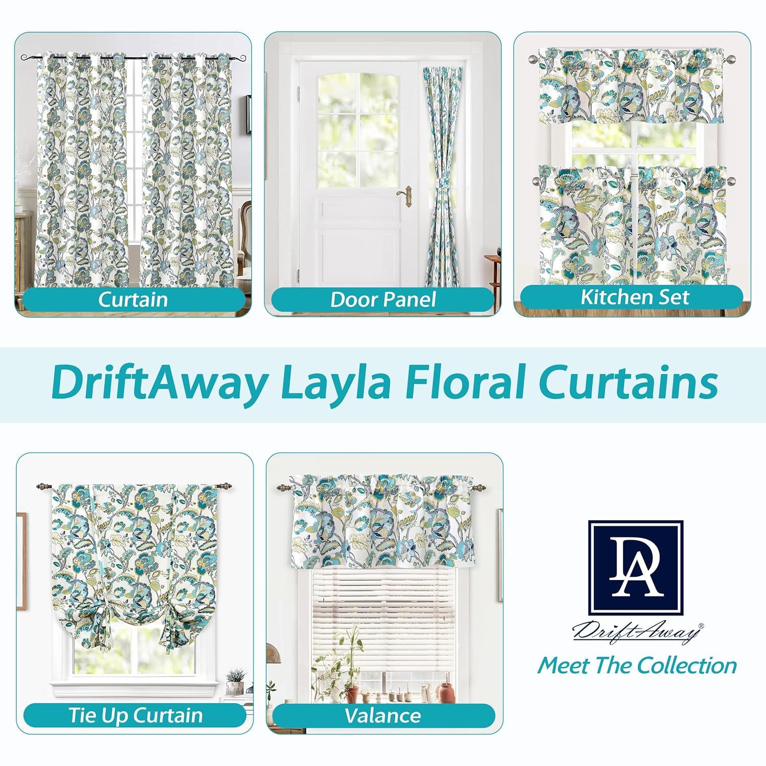DriftAway  Layla Classic America Style Floral Leaves Room Darkening Window Curtain Valance Rod Pocket Ivory Teal Gray 52" Width X 14 " Length