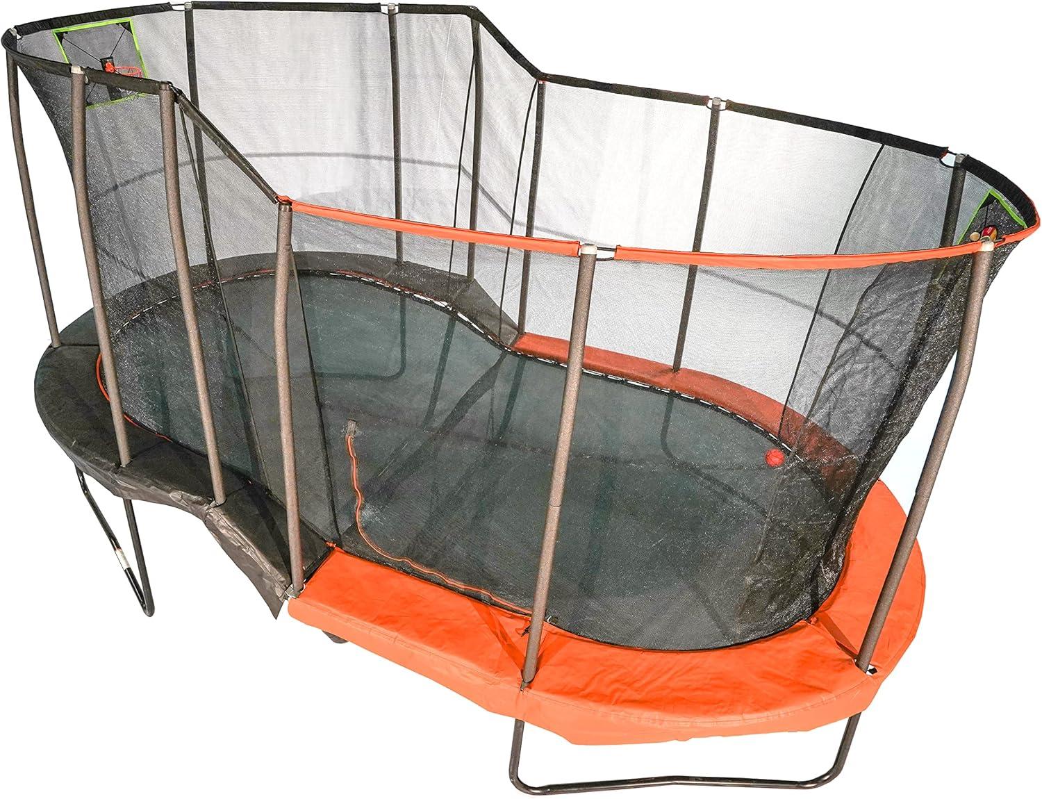 JumpKing 10'x17' Multi-Level Oval Trampoline - Outdoor/Indoor Recreational Trampoline w/ Basketball Hoop, Toss Game, Enclosure Net - Large Trampoline and Holiday Gift for Kids, Adults, & Family Fun