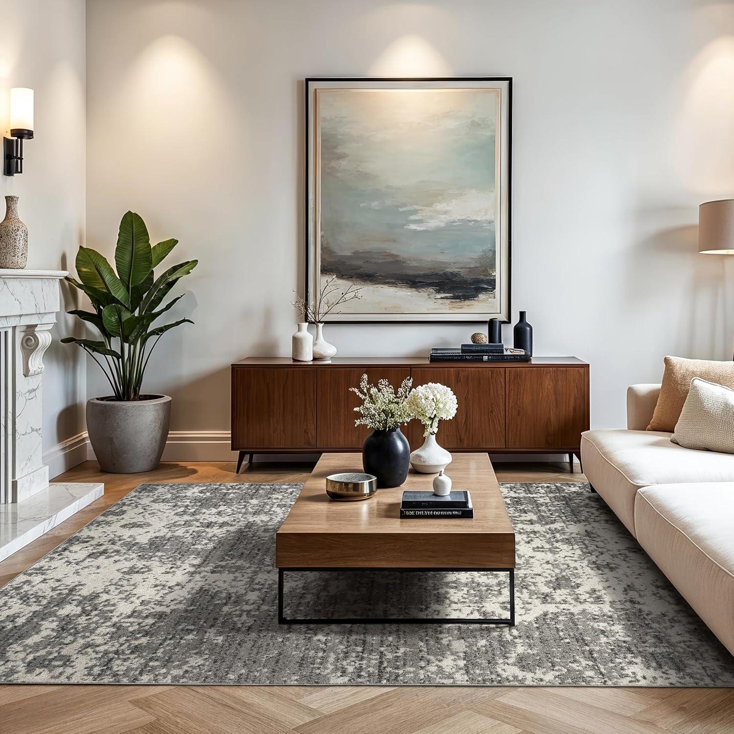 Deedra Modern Abstract Power Loom Performance Gray/White Rug