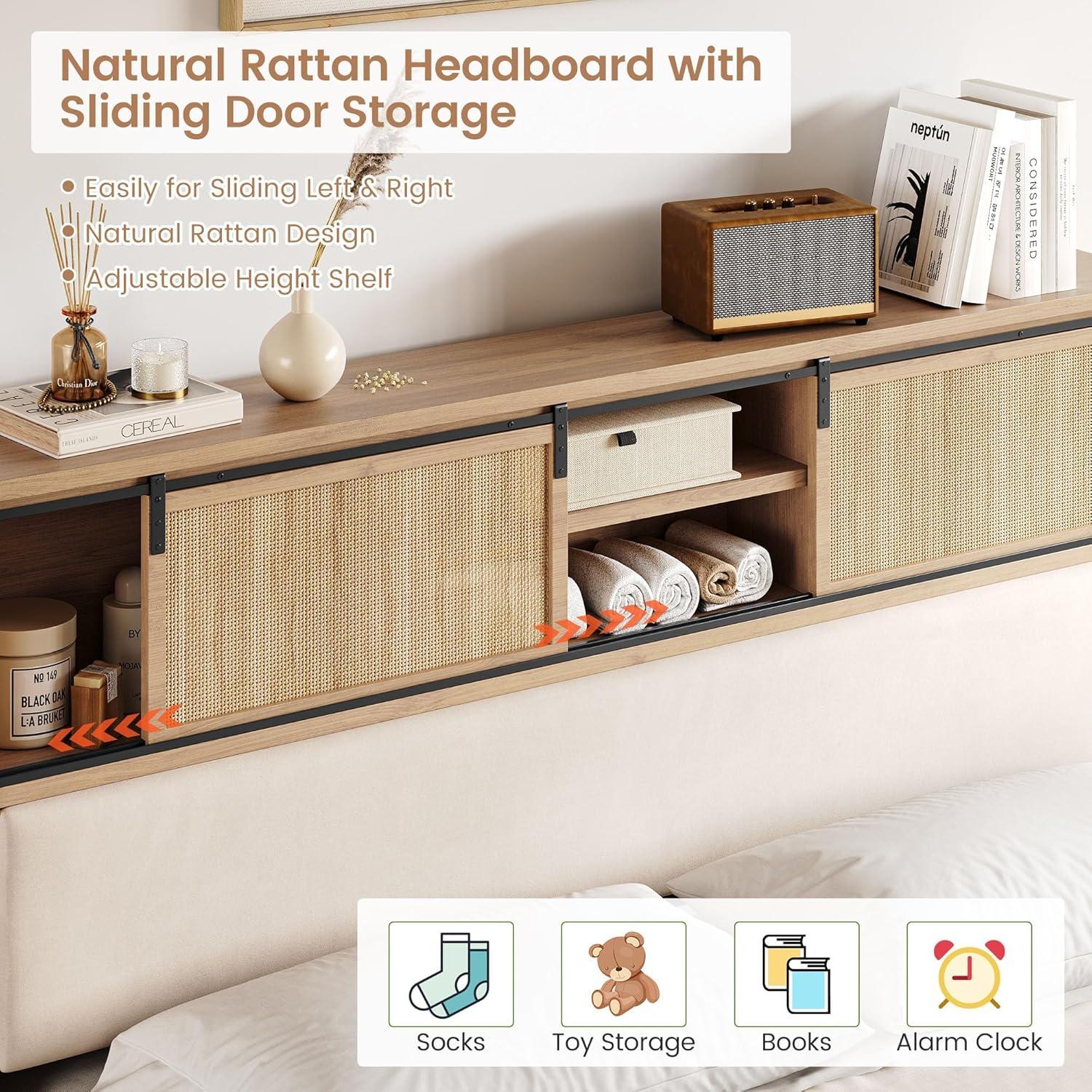 Garvee Rattan Full Size Bed Frame with Sliding Door Shelf Headboard, Bohemian Rattan Bed Frame with Shelves, Wood Foundation, No Box Spring Needed