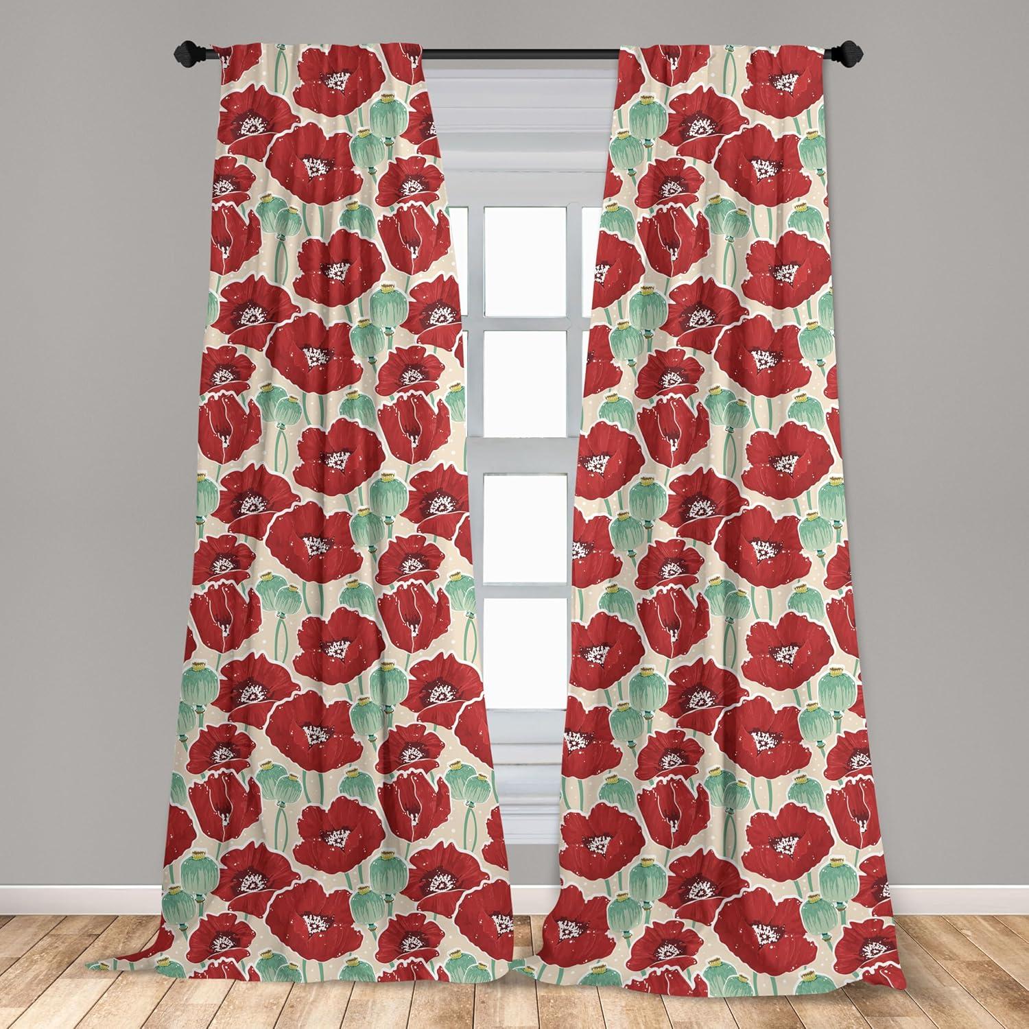 Ambesonne Poppy Flower Curtains, Spring Garden Art, Pair of 28"x84", Mint Green Beige