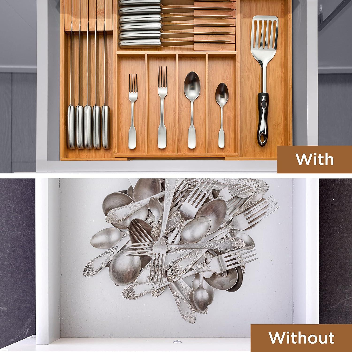 Adjustable Bamboo Expandable Kitchen Drawer Organizer with Knife Block