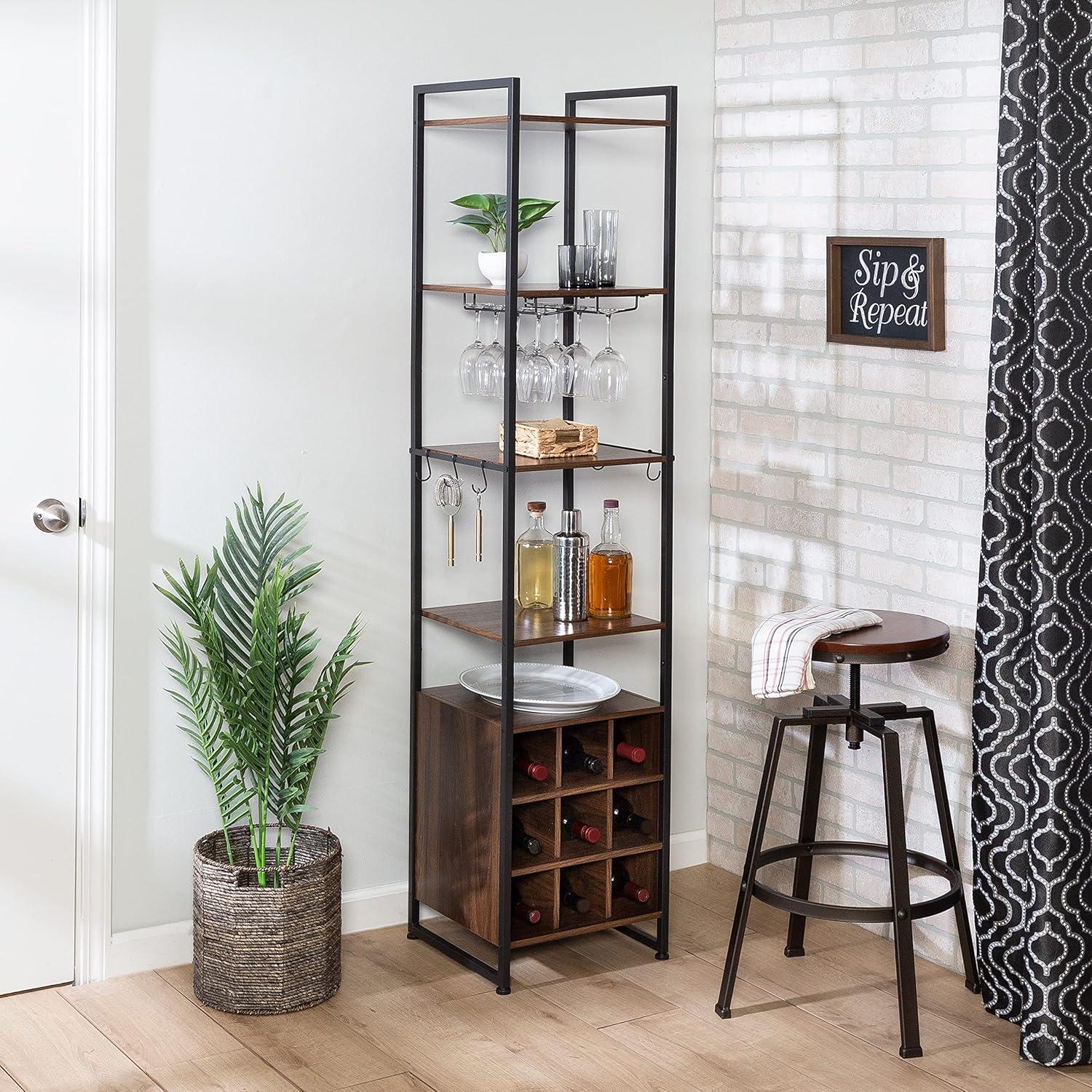 Black and Walnut Industrial Steel Wine and Bar Storage Tower